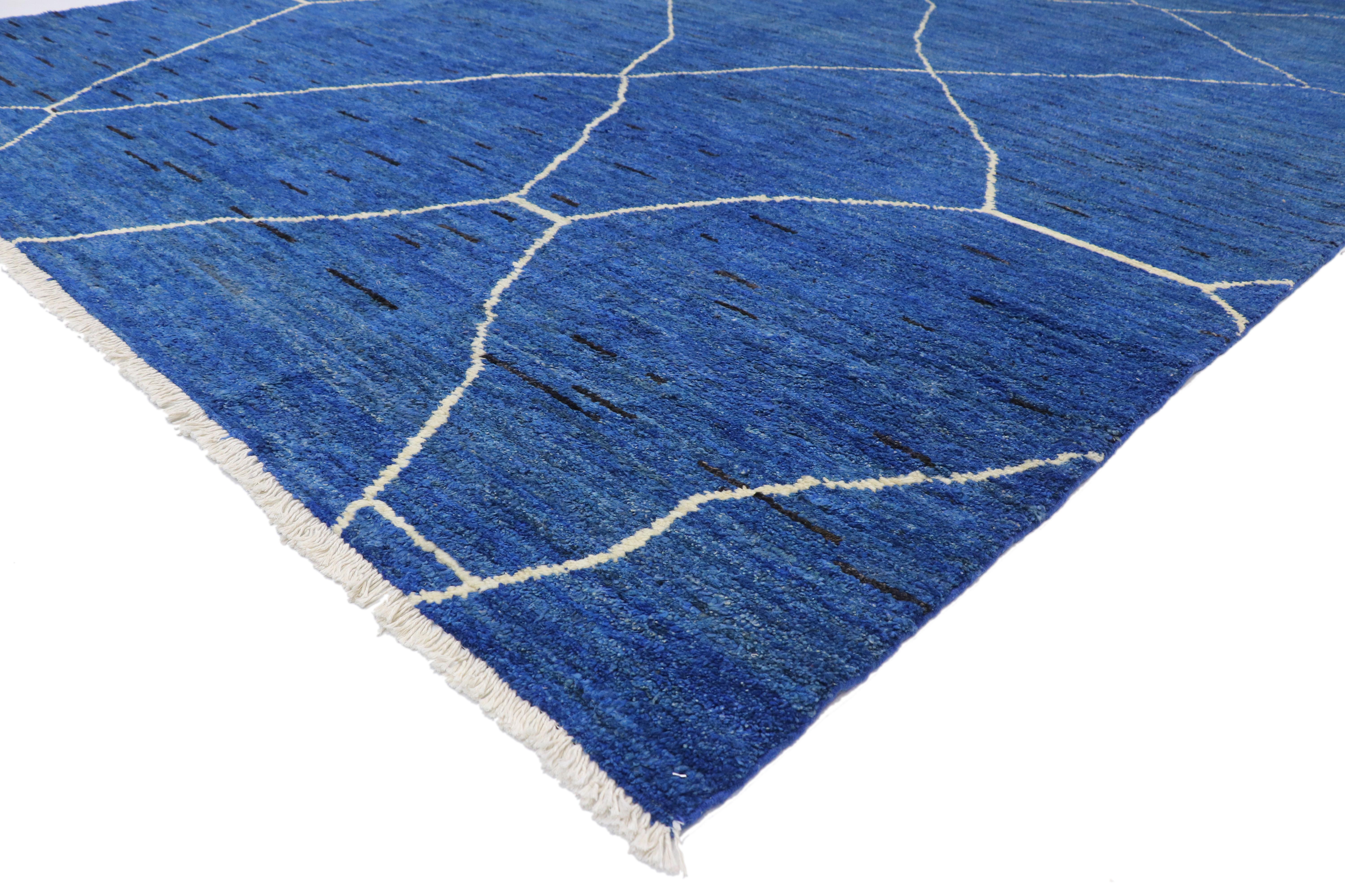 Pakistani New Contemporary Blue Moroccan Style Rug with Abstract Expressionist Style