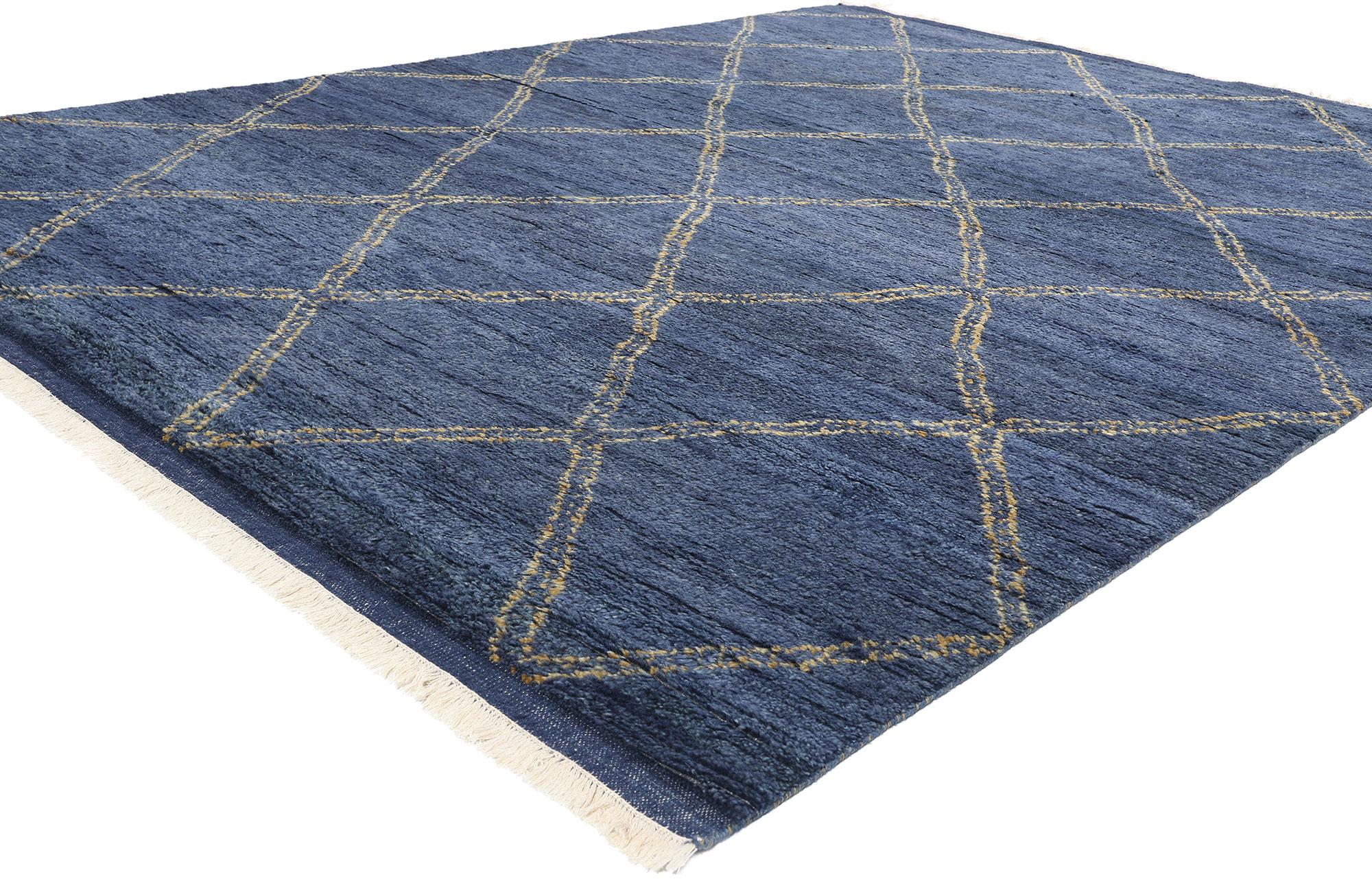 31222 Tappeto moderno tribale blu scuro marocchino, 08'03 x 10'09. I tappeti marocchini indiani fondono perfettamente le forme geometriche, i disegni moderni e i motivi simbolici caratteristici dell'artigianato marocchino. Realizzati a mano in