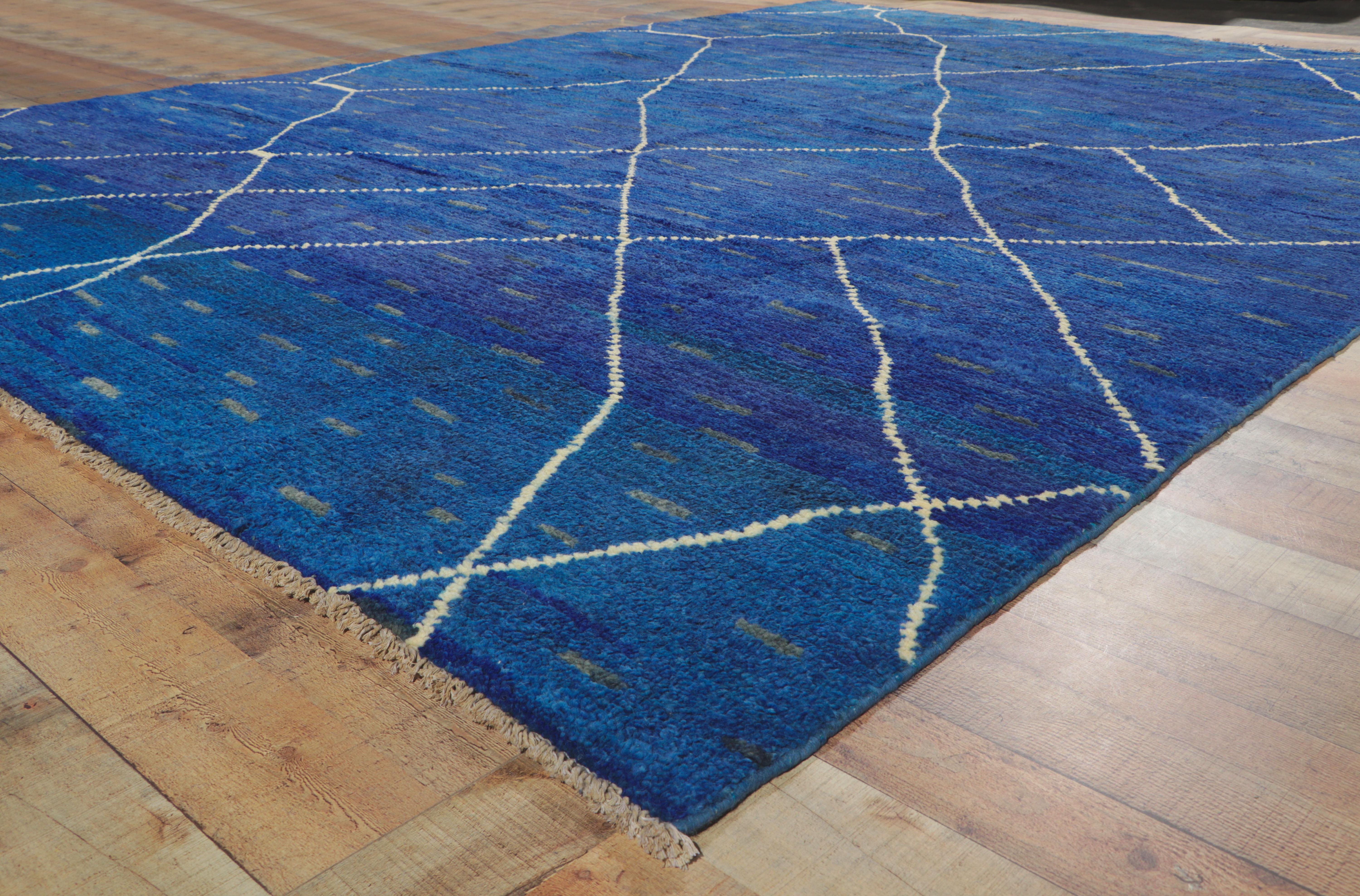 Wool New Contemporary Blue Moroccan Trellis Rug For Sale