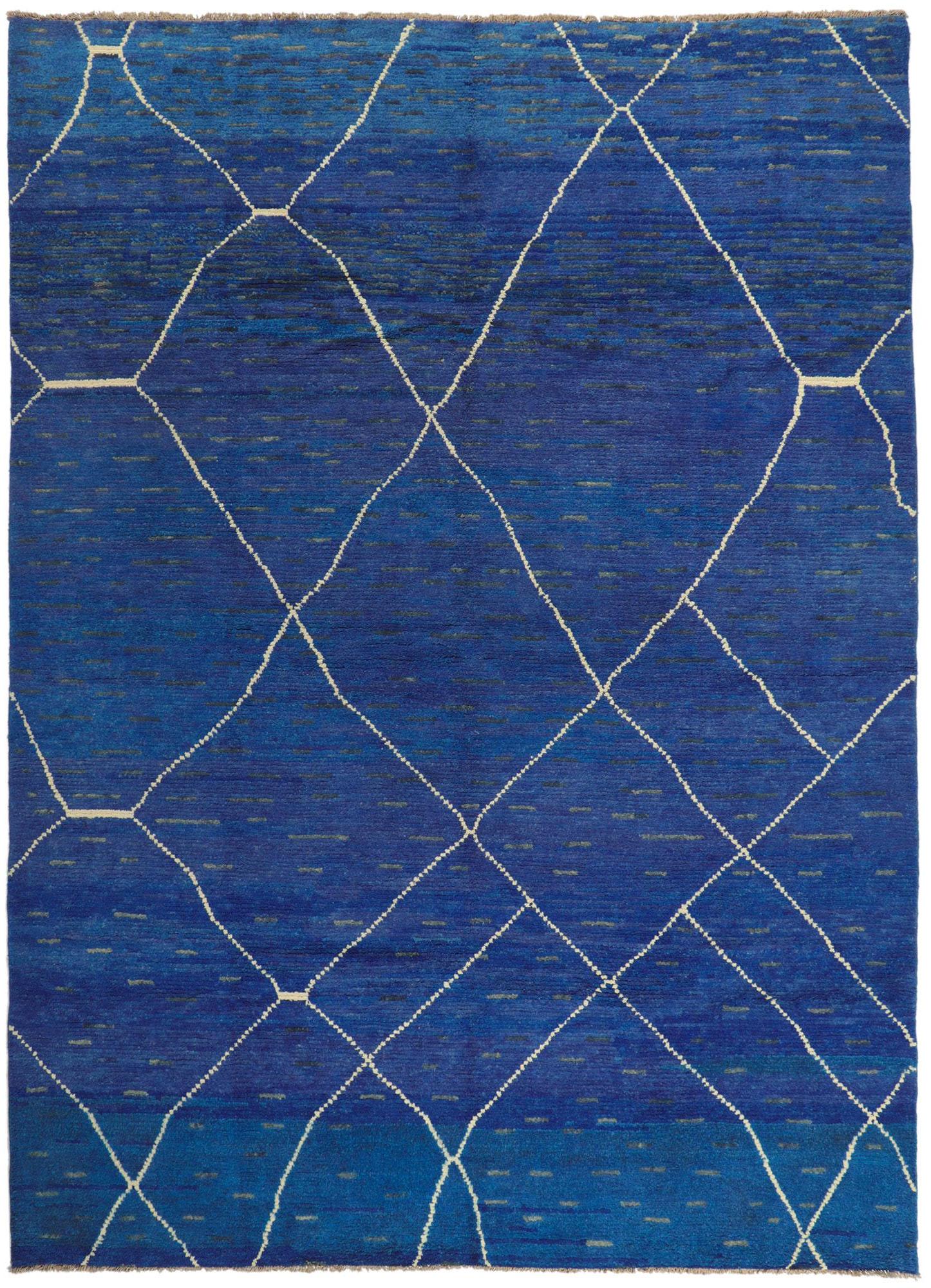 New Contemporary Blue Moroccan Trellis Rug For Sale 2