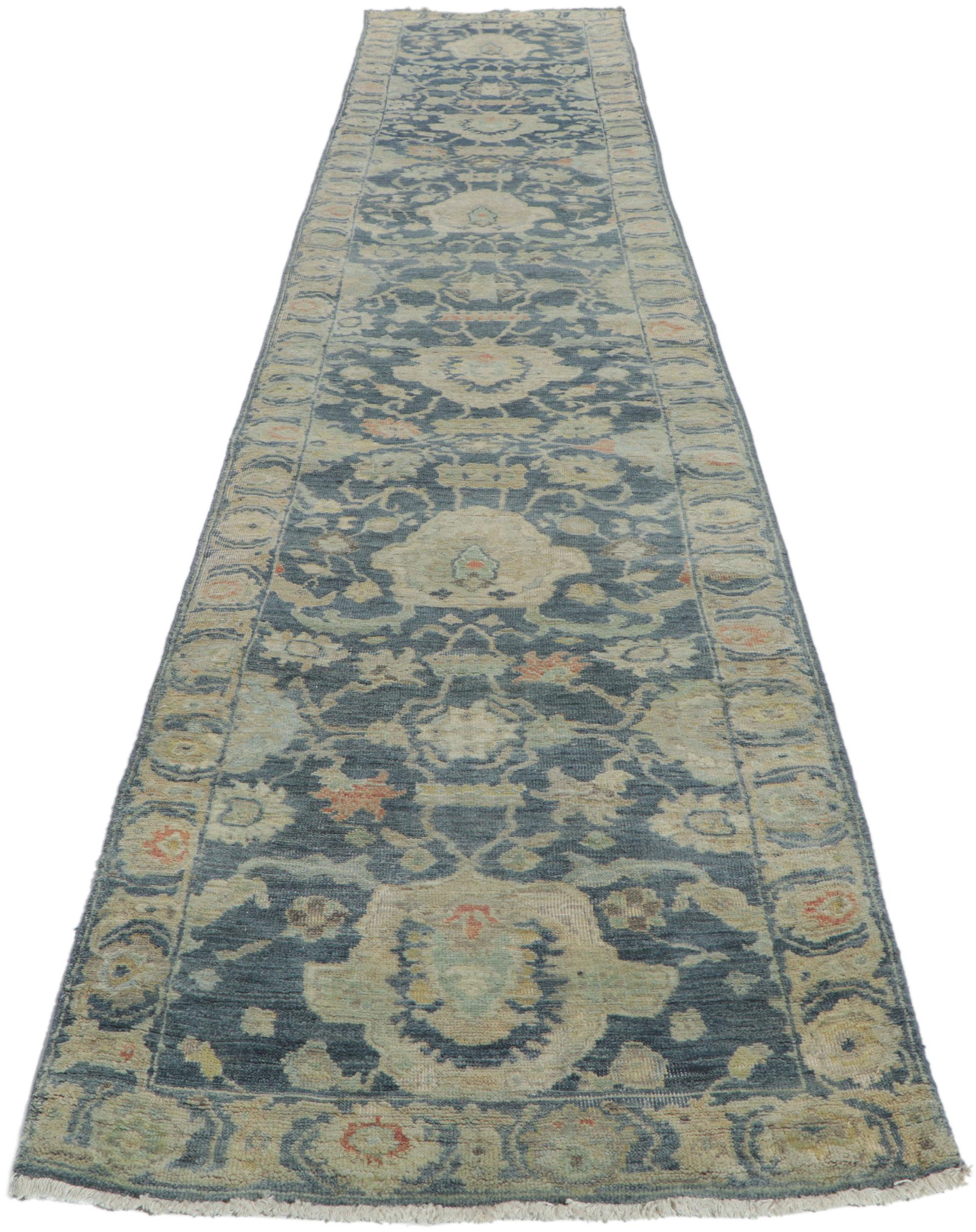 Indian New Contemporary Blue Oushak Runner For Sale