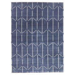 New Contemporary Blue Textured High-Low Carpet with Post-Modern Raised Design