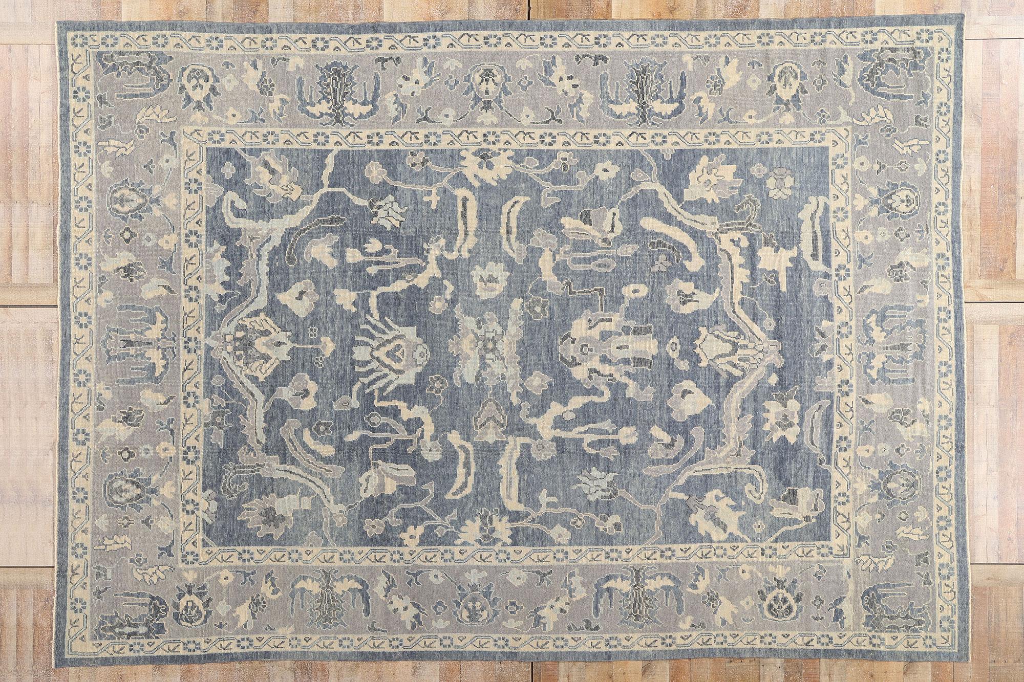 New Contemporary Blue Turkish Oushak Carpet with Modern Transitional Style For Sale 4