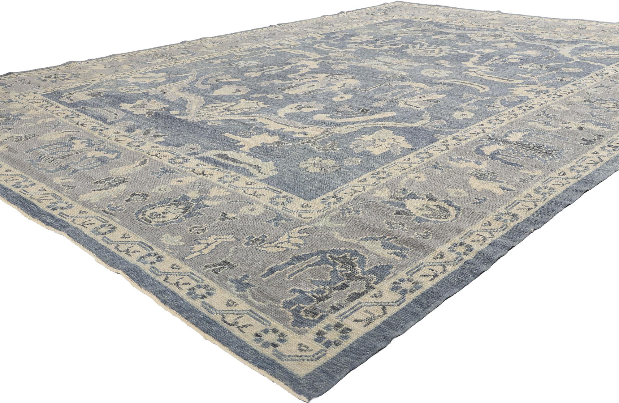 52905 New Modern Blue Turkish Oushak Rug, 09'11 x 14'00. Bathed in the tranquil hues of a twilight sky, this hand-knotted wool modern Turkish Oushak rug invites the gaze to wander across its ethereal landscape of form and color. The field, a gentle