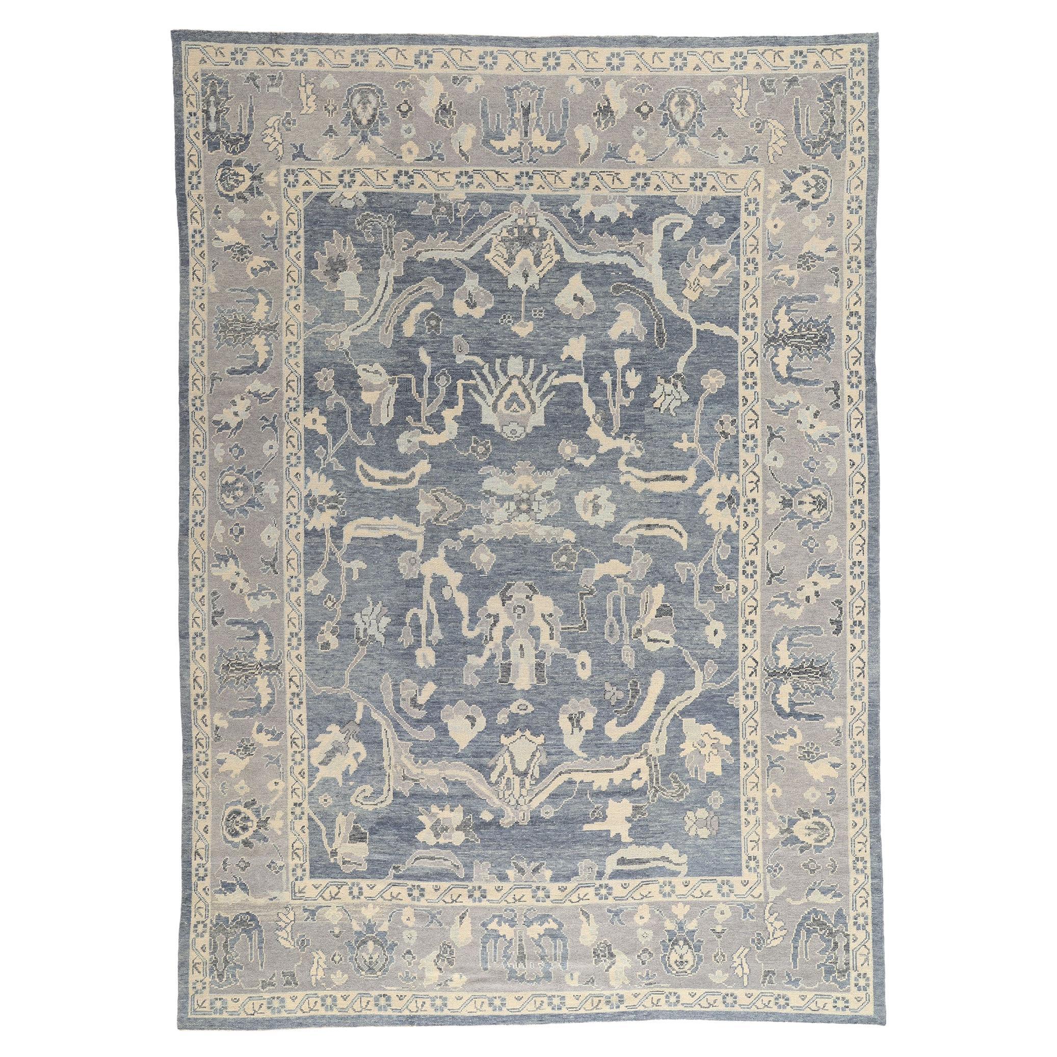 Nuovo tappeto turco Oushak blu contemporaneo con stile moderno e transitorio