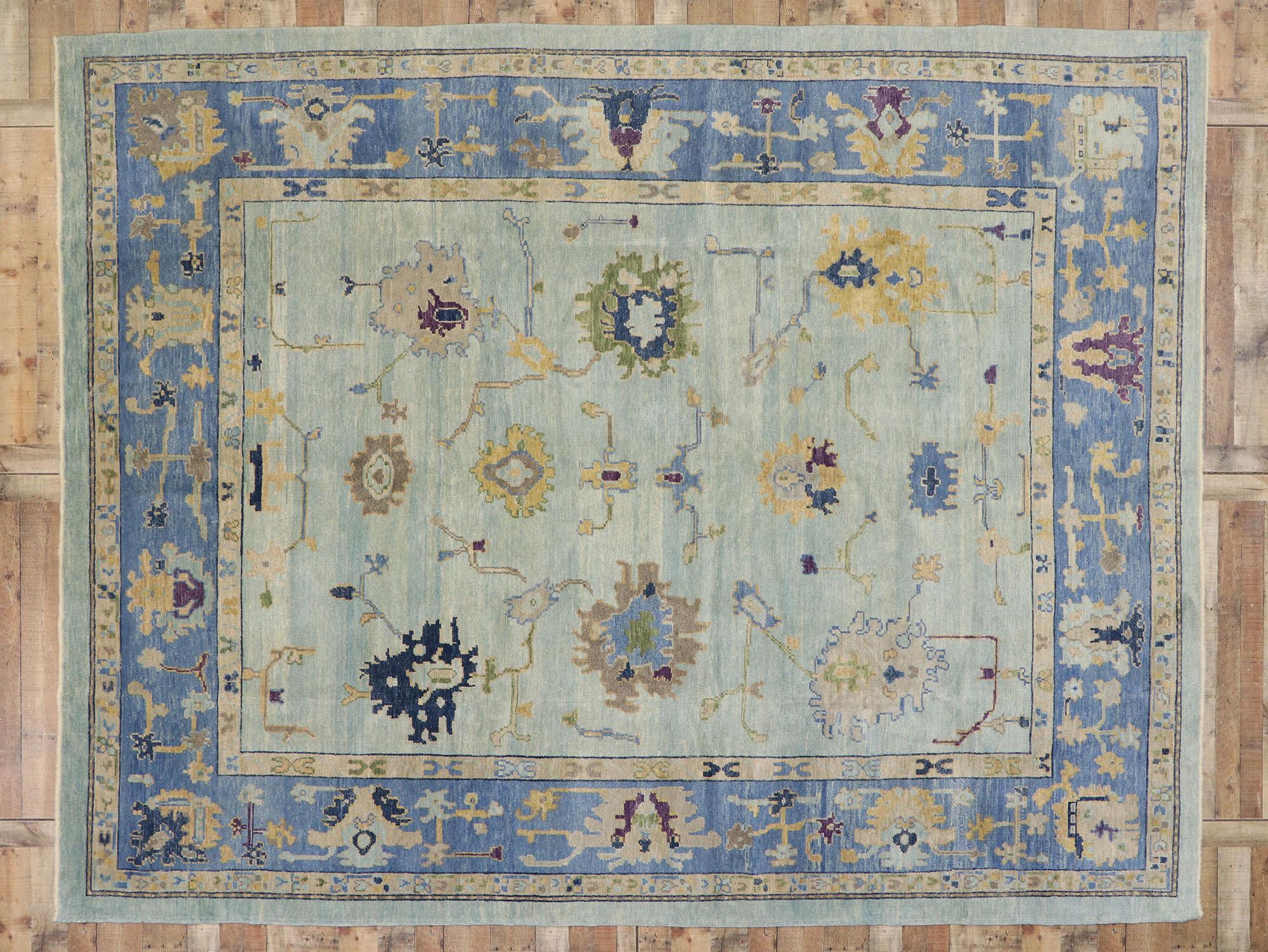 53269, new contemporary blue Turkish Oushak rug with modern coastal style. Blending elements from the modern world with pastel colors, this hand knotted wool contemporary blue Turkish Oushak rug will boost the coziness factor in nearly any space.