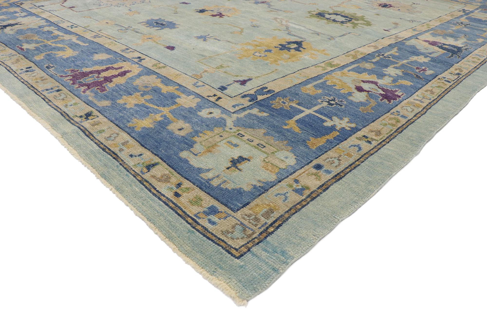 Hand-Knotted New Contemporary Blue Turkish Oushak Rug with Modern Coastal Style