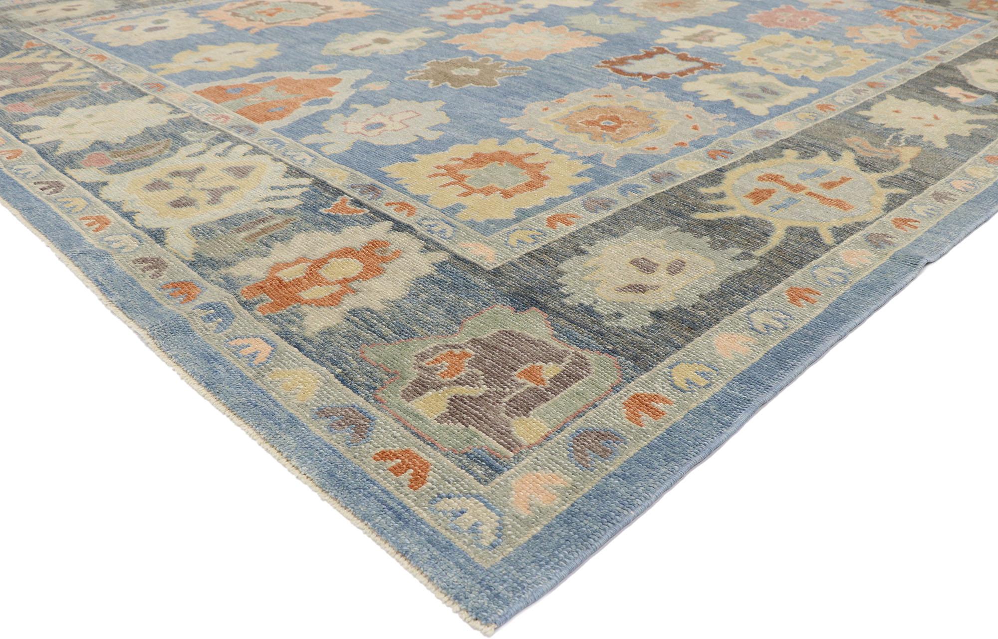 53550, new contemporary blue Turkish Oushak rug with Modern Parisian style. Polished and playful, this hand-knotted wool Turkish Oushak area rug beautifully embodies a modern Parisian style. The abrashed blue field features an array of Harshang