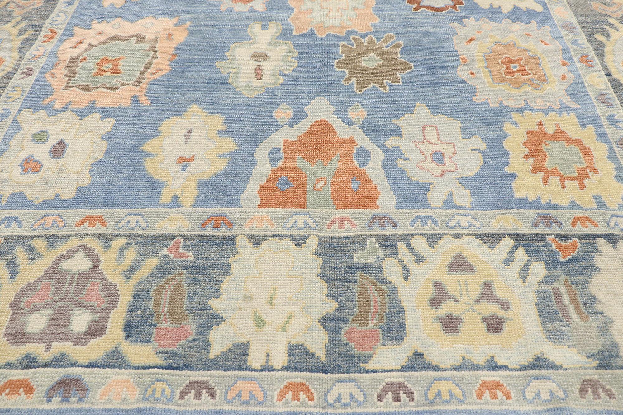 Hand-Knotted New Contemporary Blue Turkish Oushak Rug with Modern Parisian Style For Sale