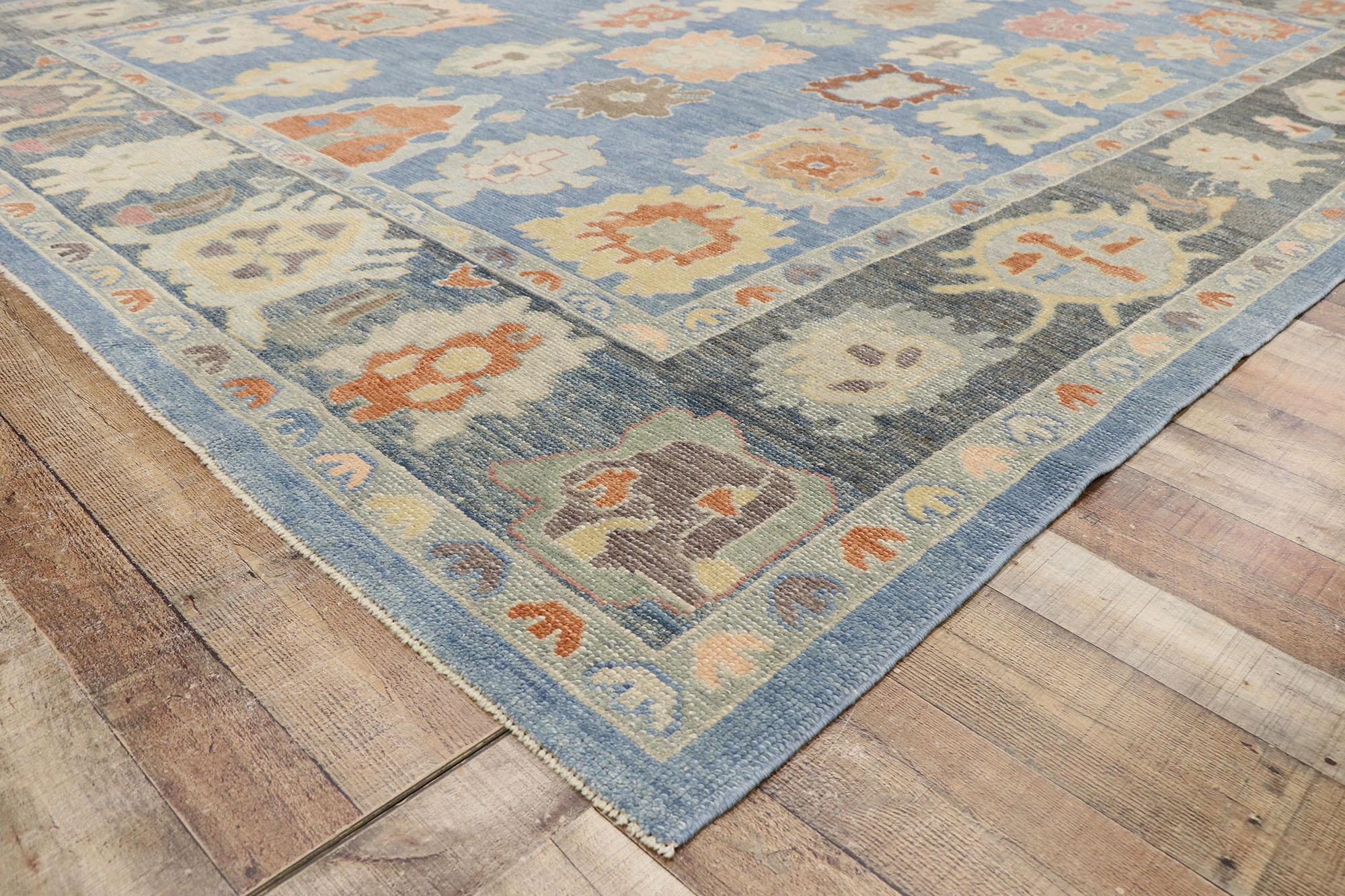 Wool New Contemporary Blue Turkish Oushak Rug with Modern Parisian Style For Sale