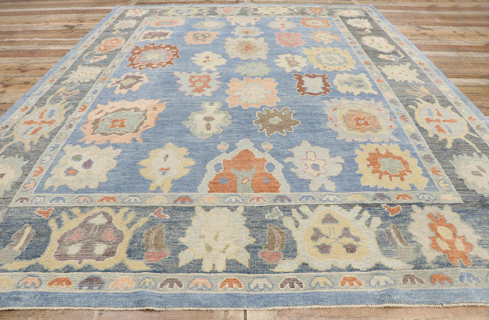 New Contemporary Blue Turkish Oushak Rug with Modern Parisian Style For Sale 1
