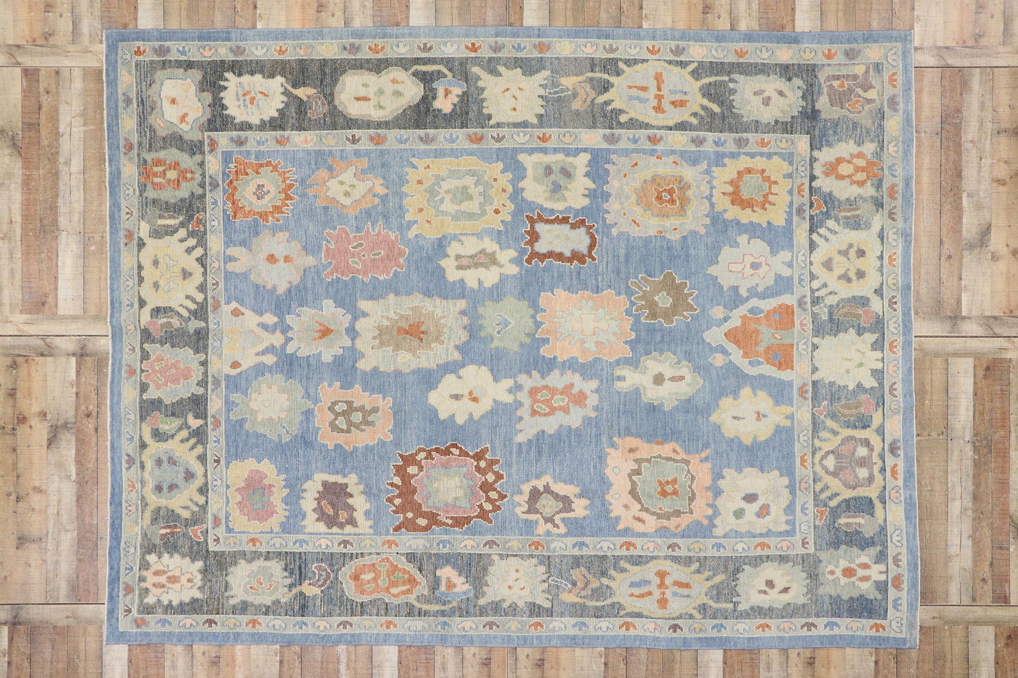 New Contemporary Blue Turkish Oushak Rug with Modern Parisian Style For Sale 2