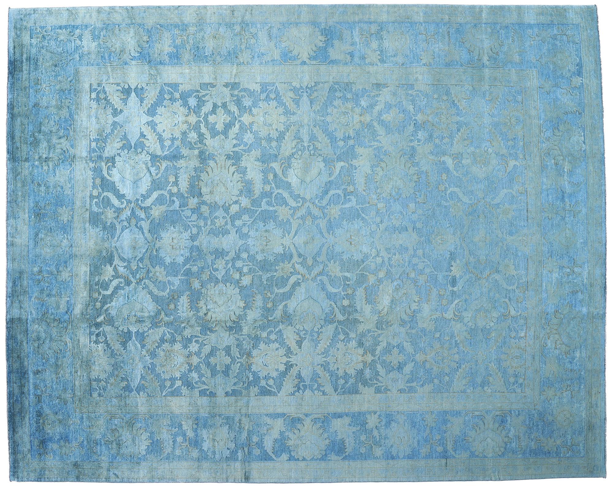 New Contemporary Cerulean Blue Hand-Carved Overdyed Rug 3