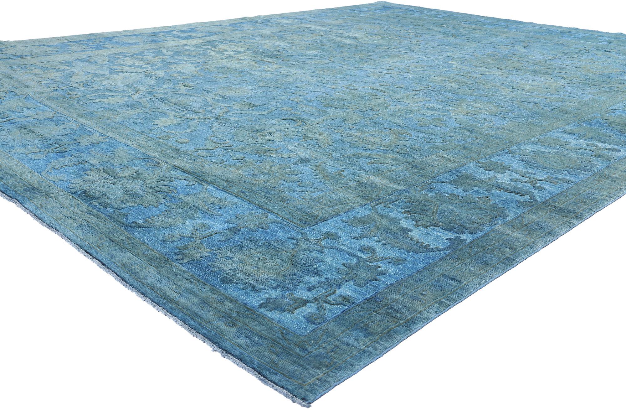 80935 New Hand-Carved Cerulean Blue Overdyed Rug, 11'07 x 14'06.
Contemporary Pakistani overdyed rugs with hand-carved designs are modern adaptations of traditional rugs, characterized by vibrant, saturated colors and intricate textures. The