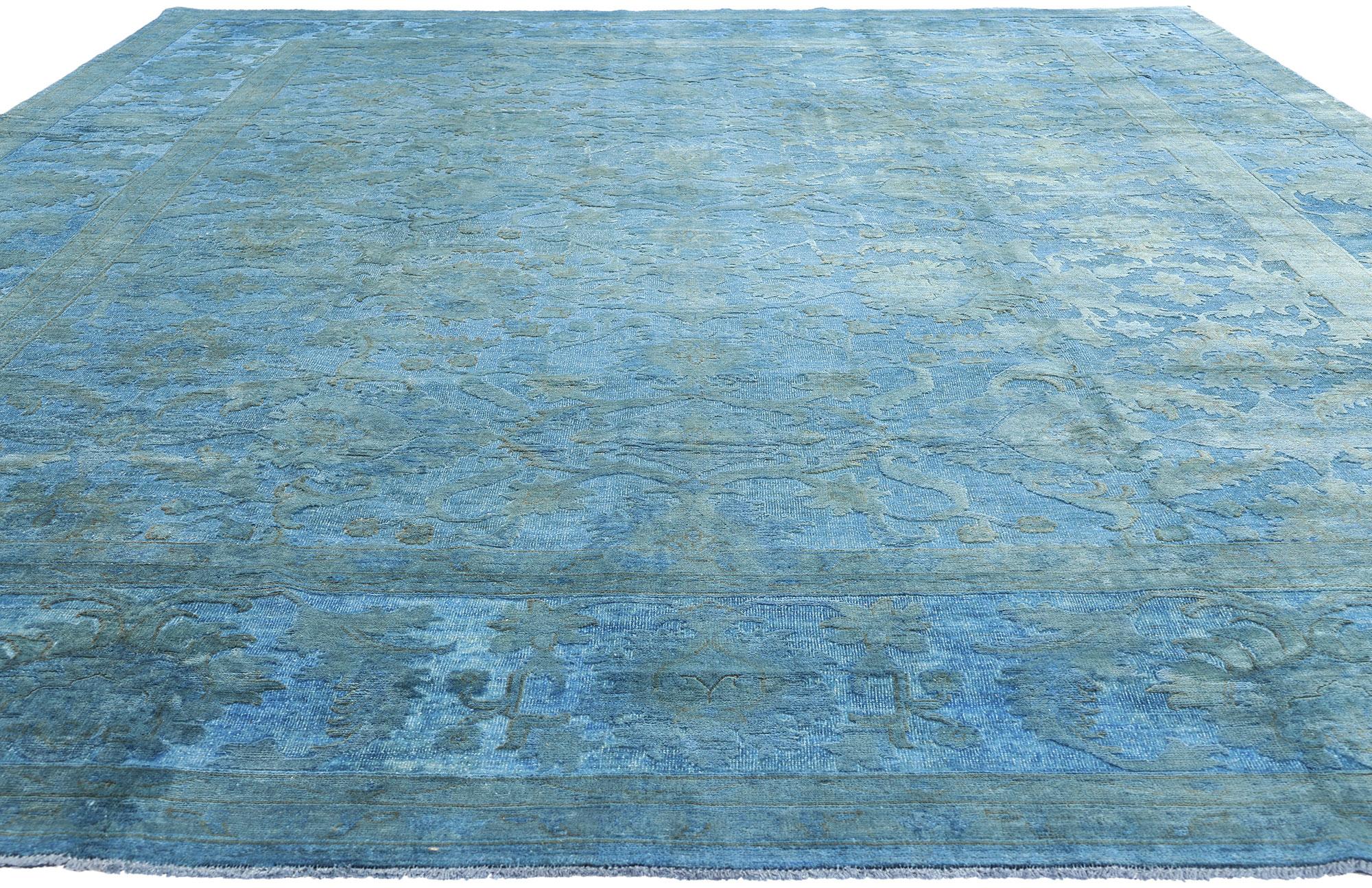 Modern New Contemporary Cerulean Blue Hand-Carved Overdyed Rug