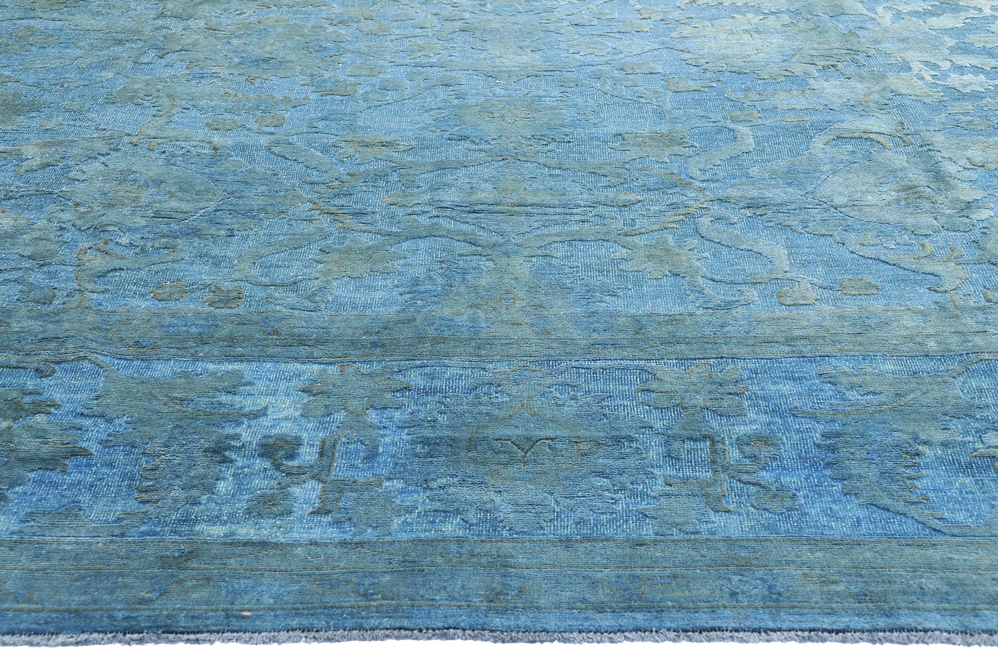 Pakistani New Contemporary Cerulean Blue Hand-Carved Overdyed Rug