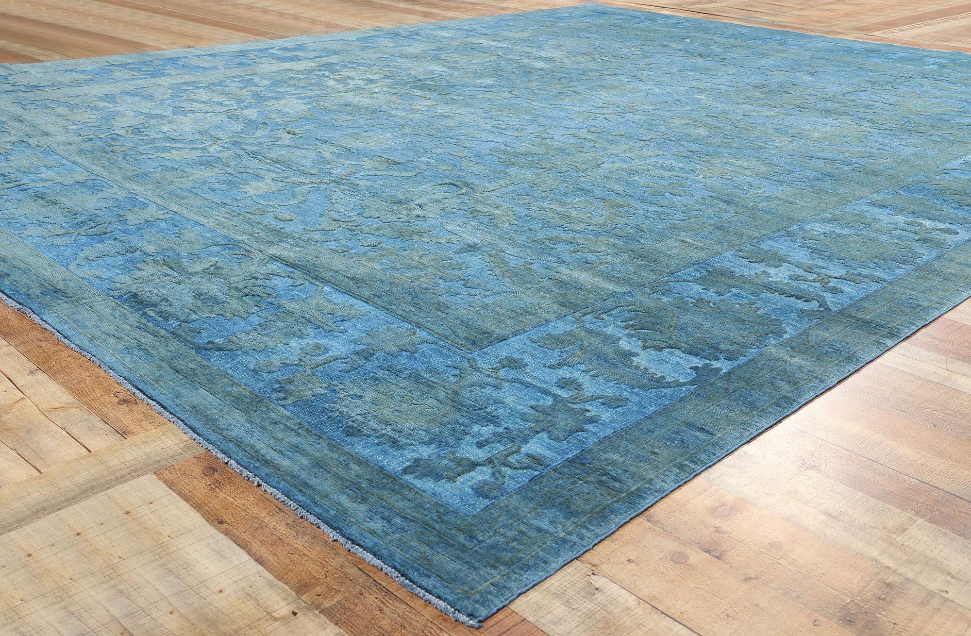Wool New Contemporary Cerulean Blue Hand-Carved Overdyed Rug