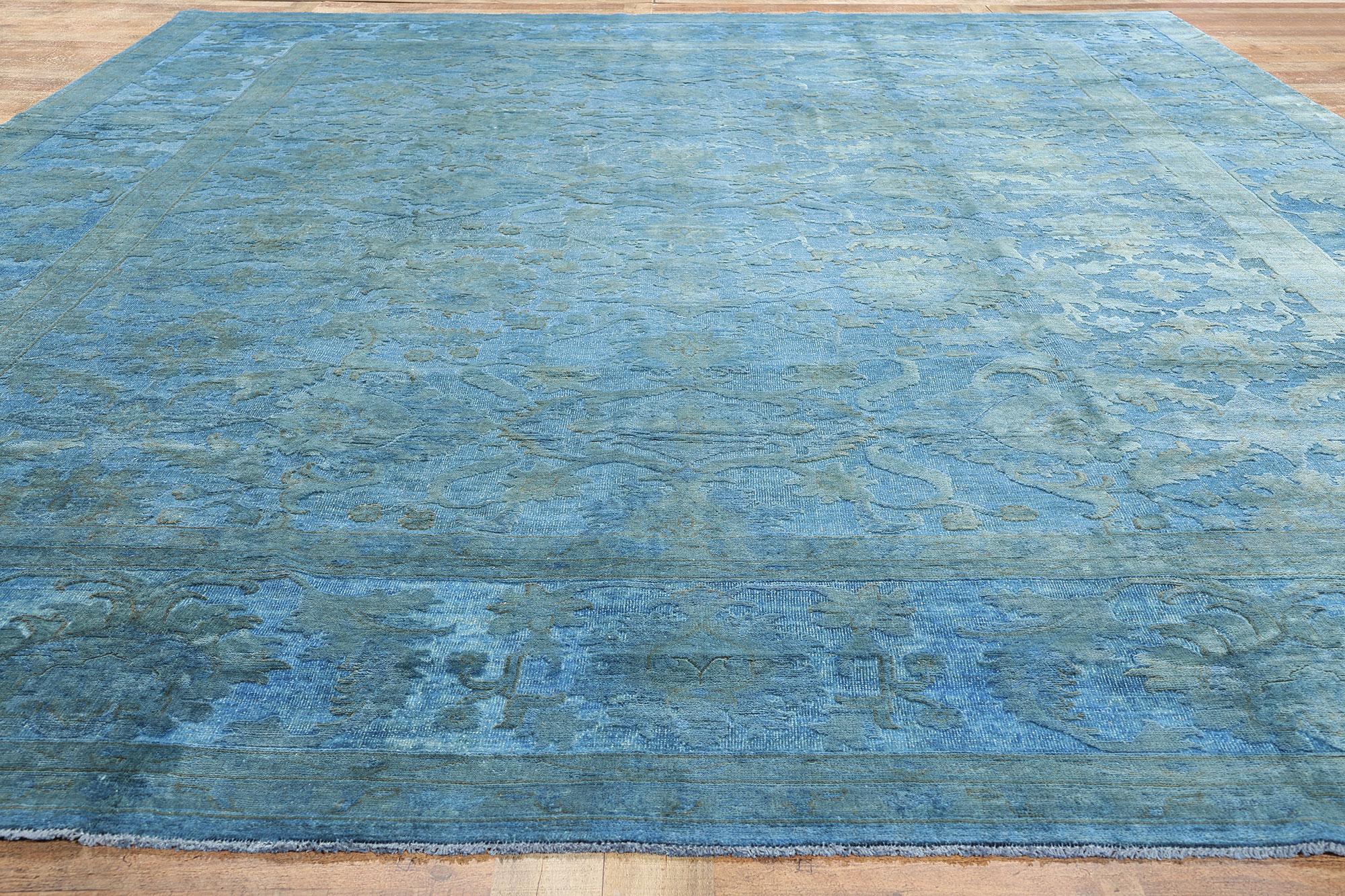 New Contemporary Cerulean Blue Hand-Carved Overdyed Rug 1