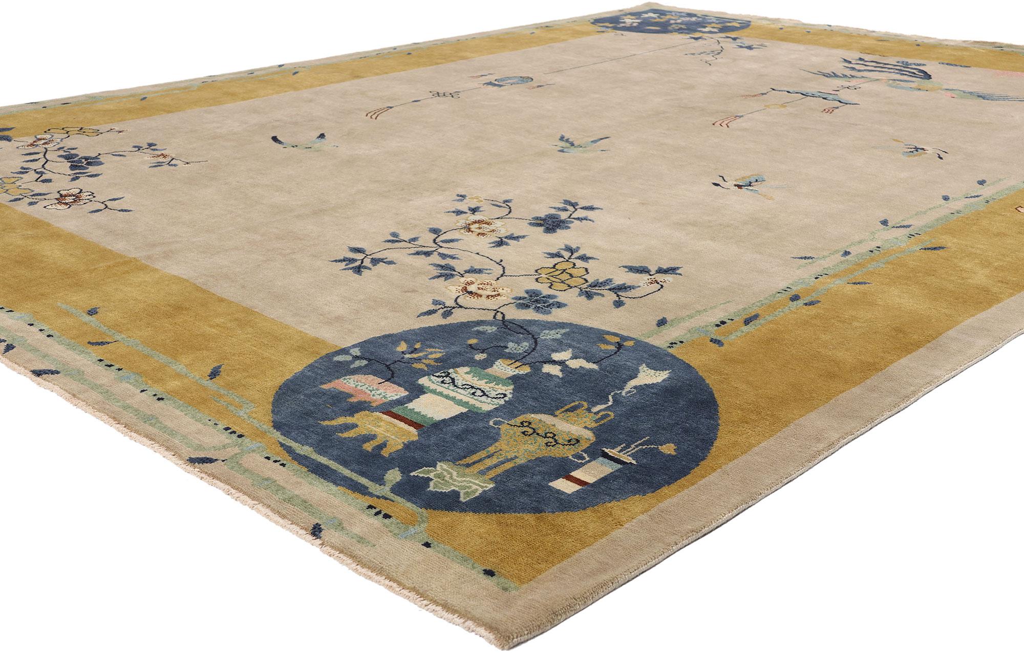 31344 New Modern Chinese Art Deco Rug, 09'00 x 12'02. This exquisite hand-knotted wool Chinese Art Deco pictorial rug, originating from India, is a masterful fusion of traditional Chinese symbolism and Art Deco elegance. Set against a tranquil taupe