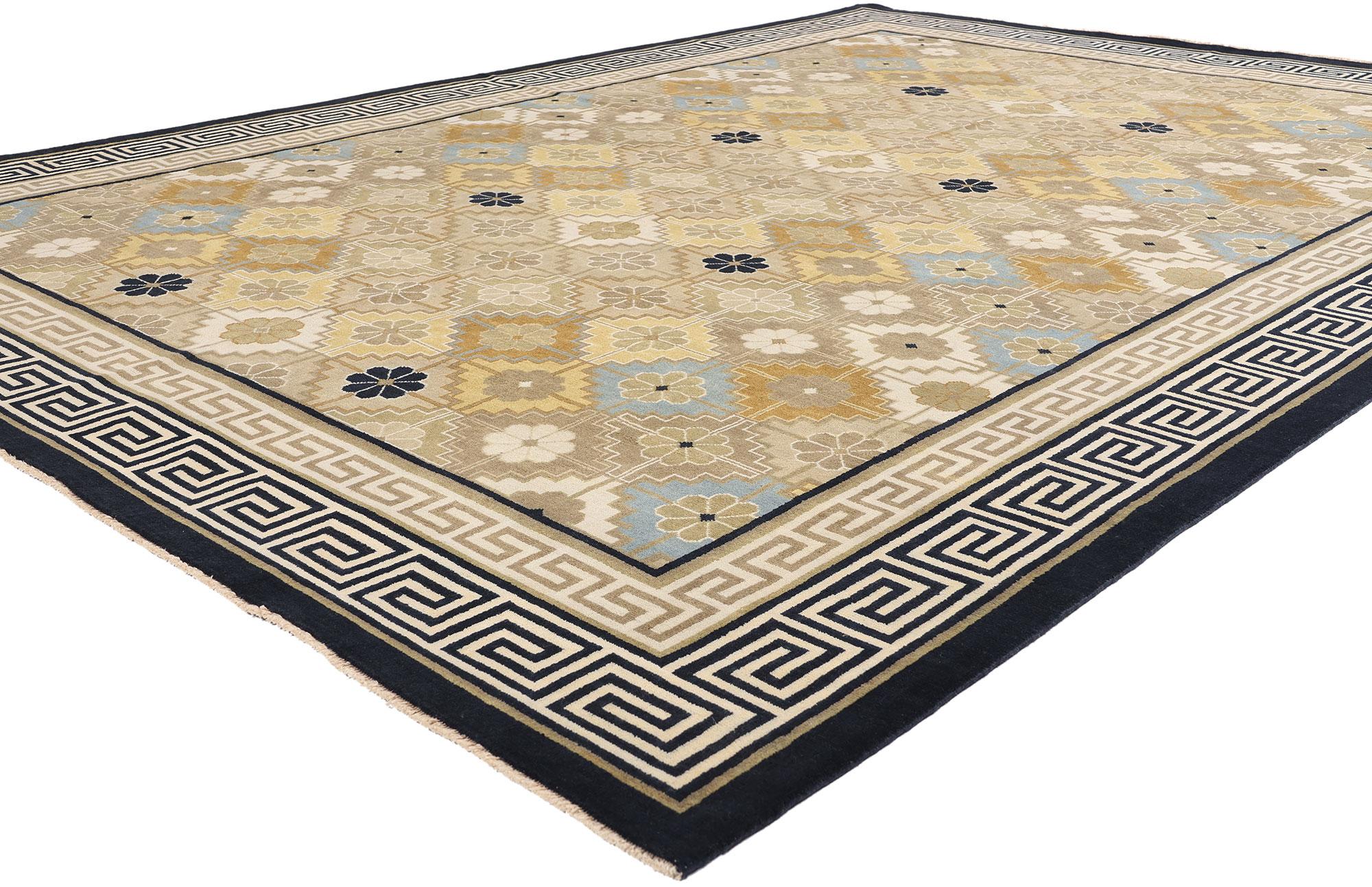 31345 New Modern Chinese Art Deco Rug, 08'09 x 12'00. Mélange harmonieux de tradition et d'art moderne, ce tapis chinois Art déco en laine nouée à la main est une composition magistrale de précision géométrique et d'élégance symbolique. Originaire