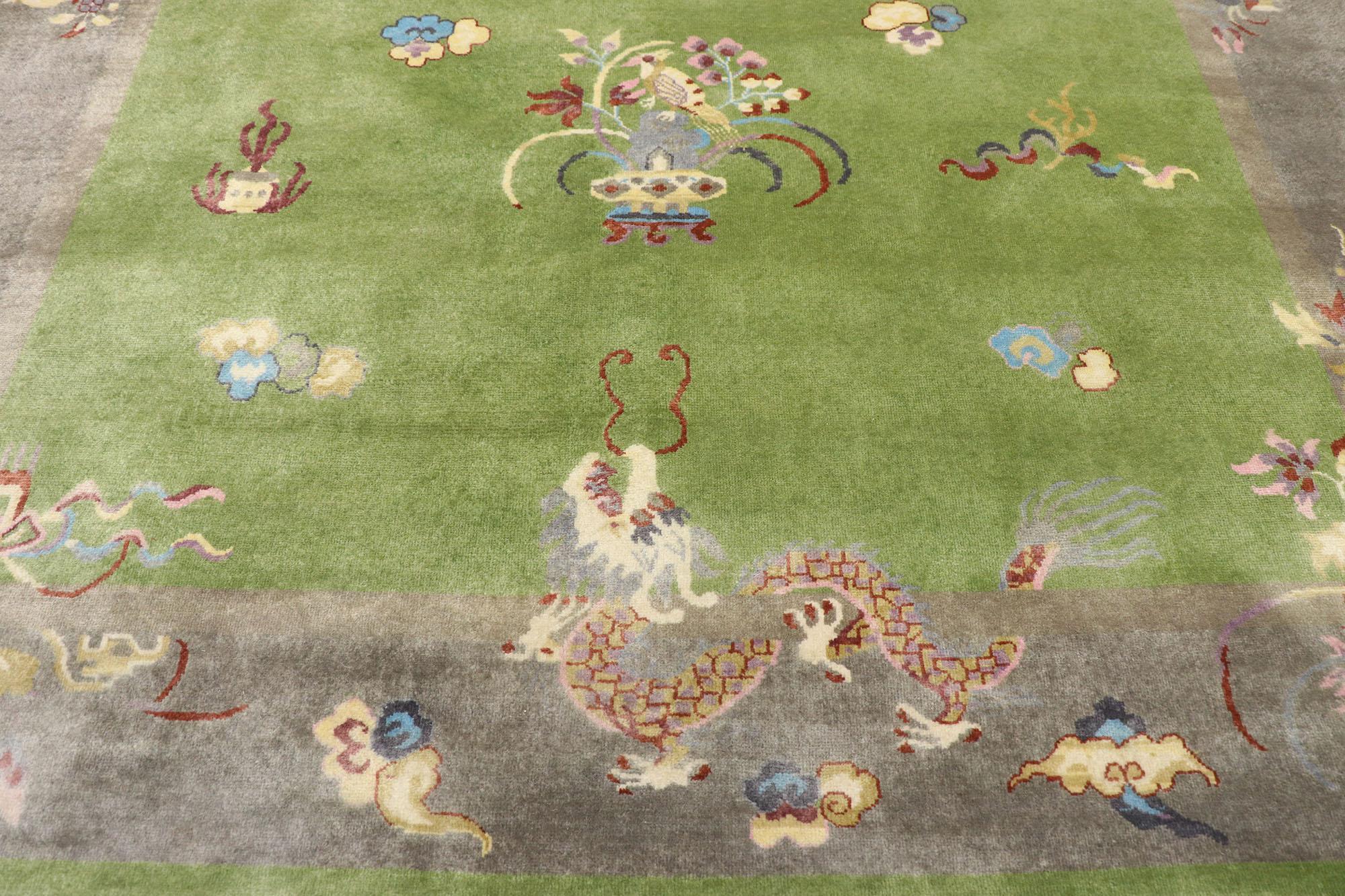 Hand-Knotted New Contemporary Chinese Art Deco Style Pictorial Dragon Rug