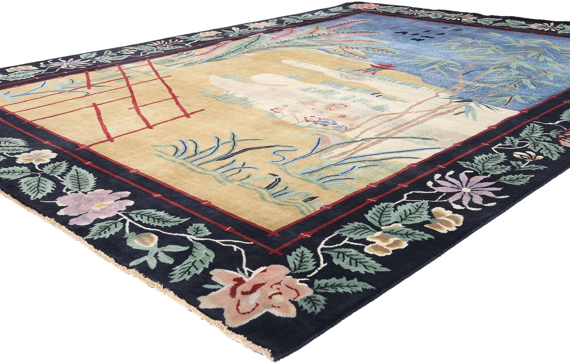 31332 New Modern Chinese Art Deco Pictorial Rug, 08'09 x 11'09. Dieser moderne chinesische Art-Déco-Teppich aus handgeknüpfter Wolle ist eine bezaubernde Vision gewebter Schönheit, die mit opulenten Details und üppiger Textur den maximalistischen