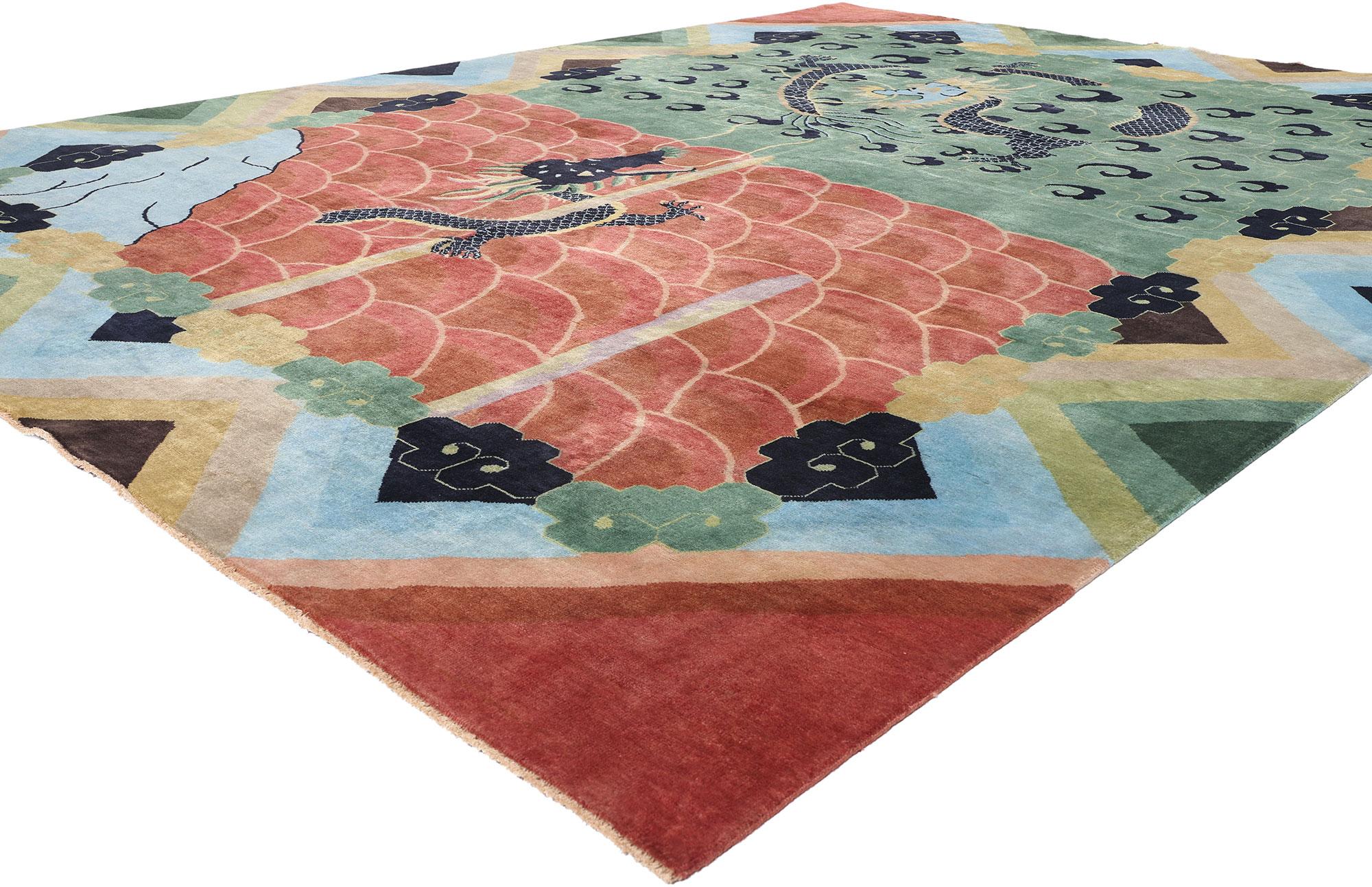 31331 New Modern Chinese Art Deco Dragon Rug, 09'11 x 13'05. In a world where artistry meets myth, this hand-knotted wool modern Chinese Art Deco dragon rug emerges as an extraordinary work of art, tailor-made for the discerning collector who seeks