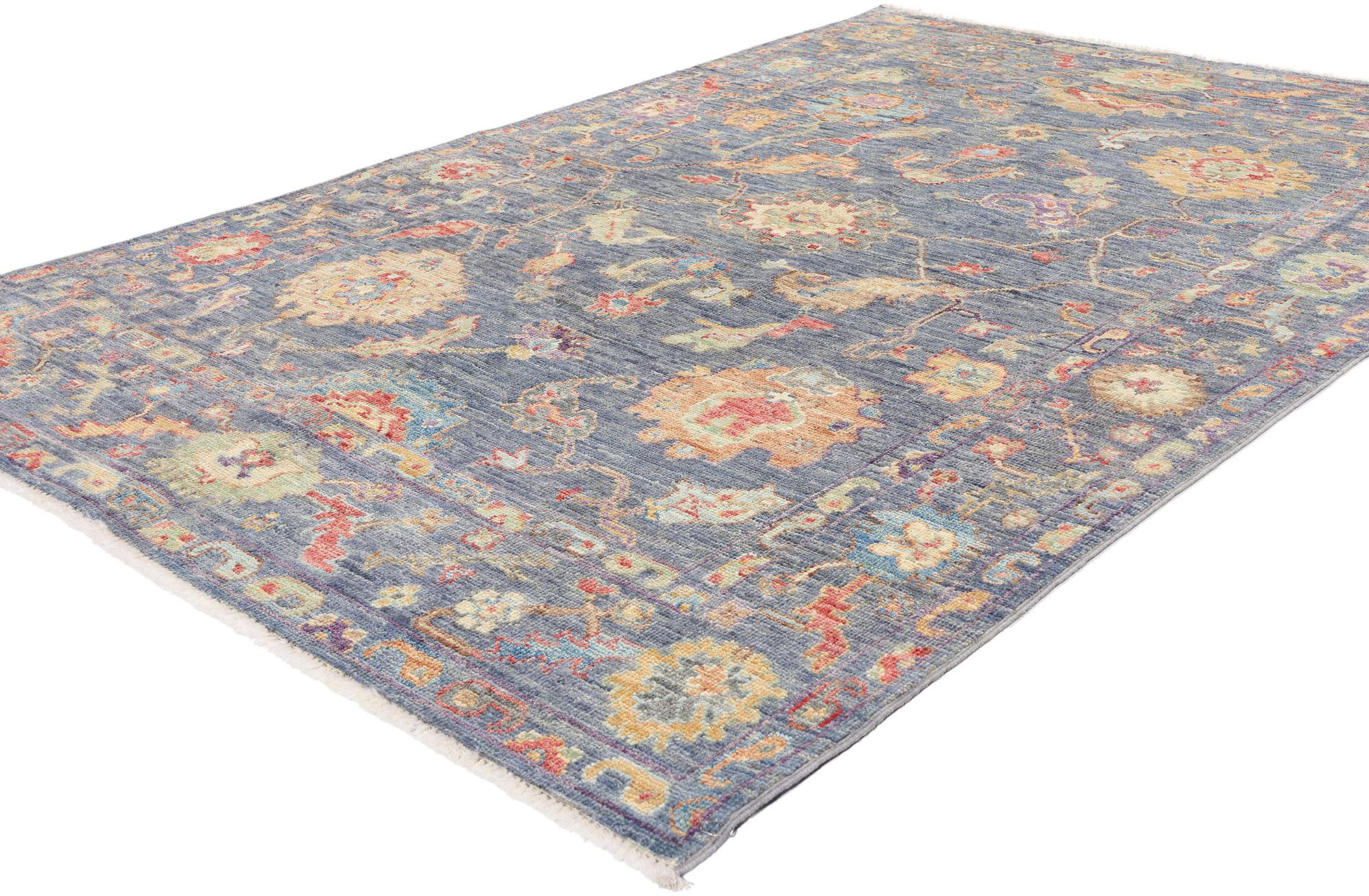 80972 New Colorful Blue Oushak Rug with Modern Style, 04'10 x 07'00. Réalisés grâce à un mélange de techniques de tissage traditionnelles transmises de génération en génération et de procédés de fabrication modernes, les tapis Oushak contemporains