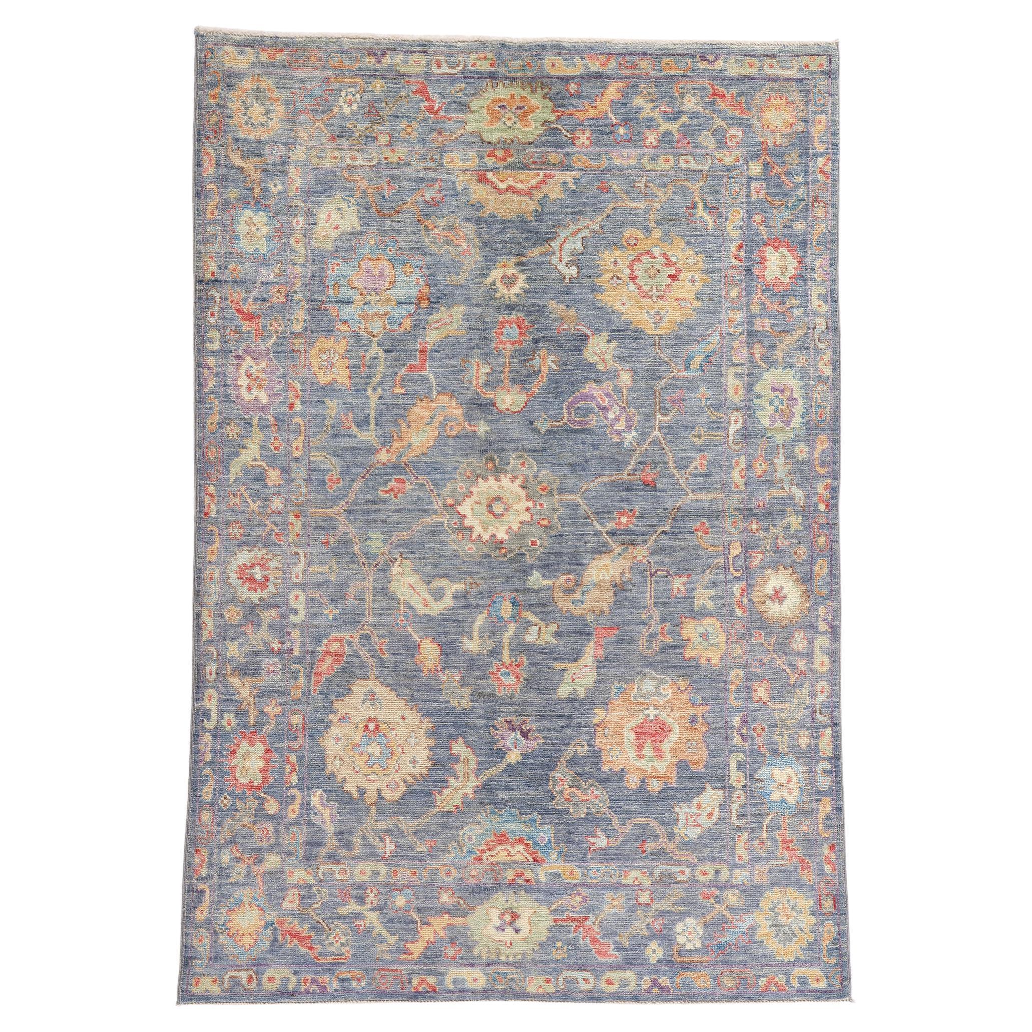 New Contemporary Colorful Blue Oushak Rug (tapis Oushak contemporain aux couleurs vives) en vente