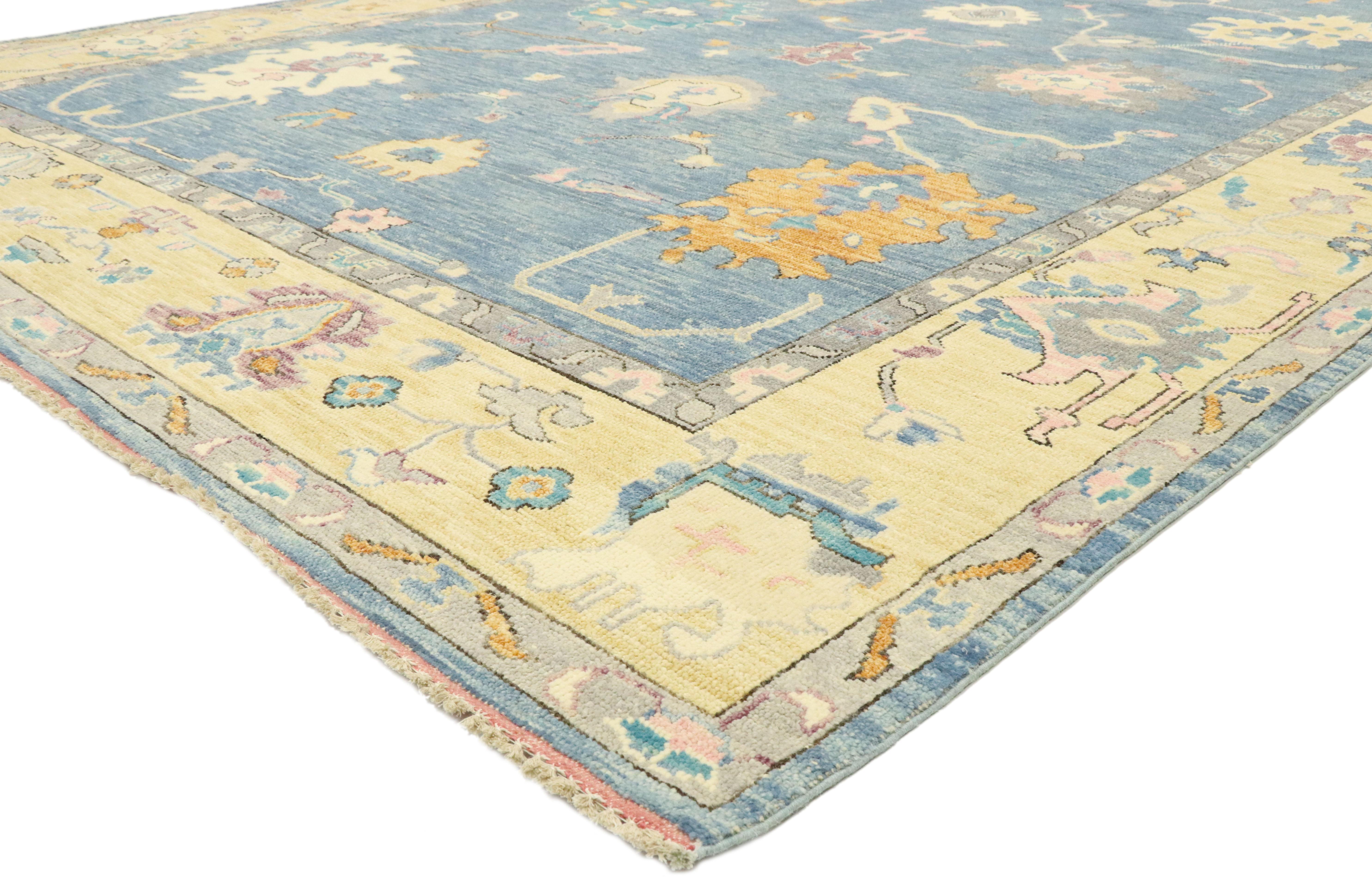 80600, new contemporary colorful blue Oushak rug with modern pastel style. Blending elements from the modern world with pastel colors, this hand knotted wool contemporary Oushak style area rug will boost the coziness factor in nearly any space. The