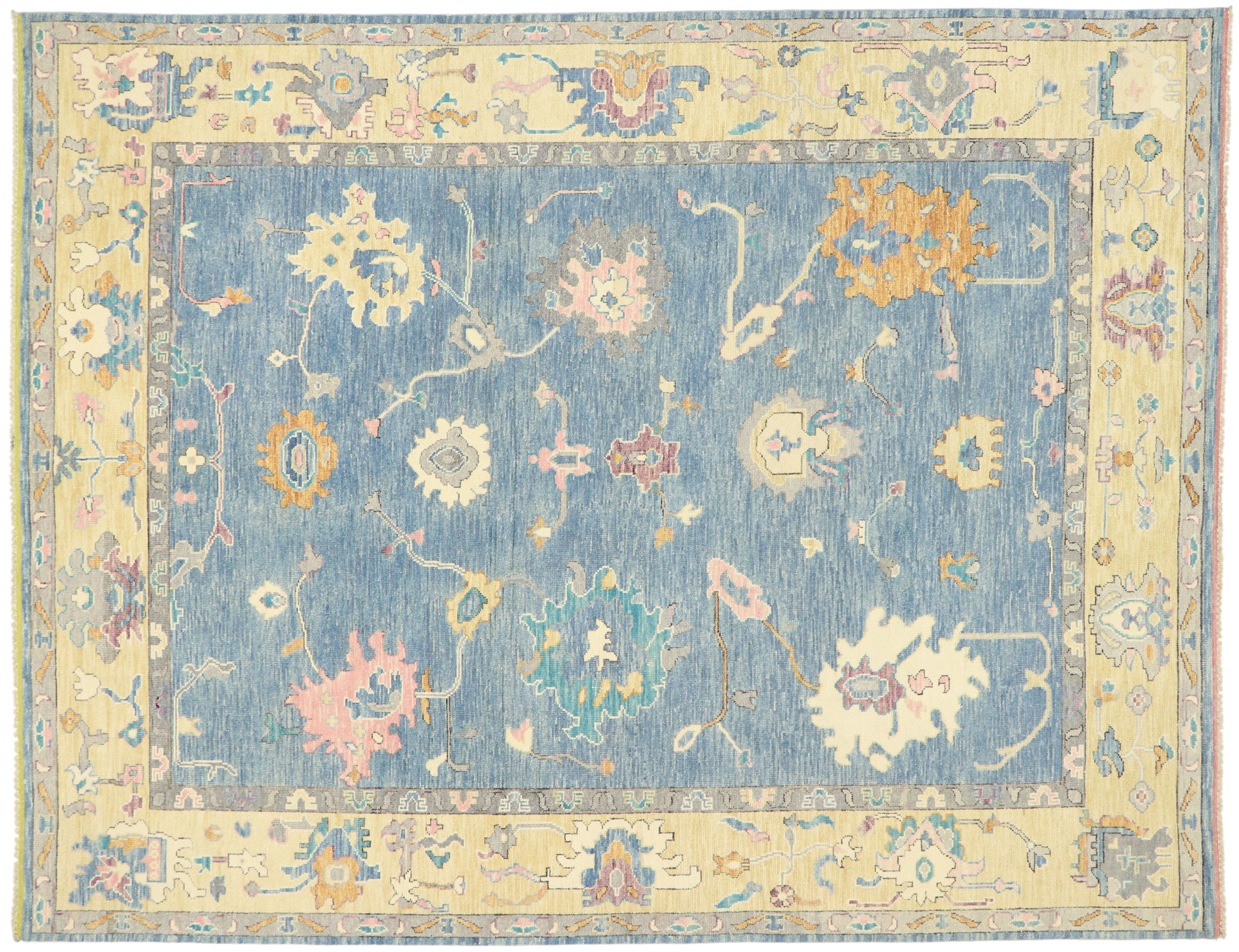 New Contemporary Colorful Blue Oushak Rug with Modern Pastel Style For Sale 1
