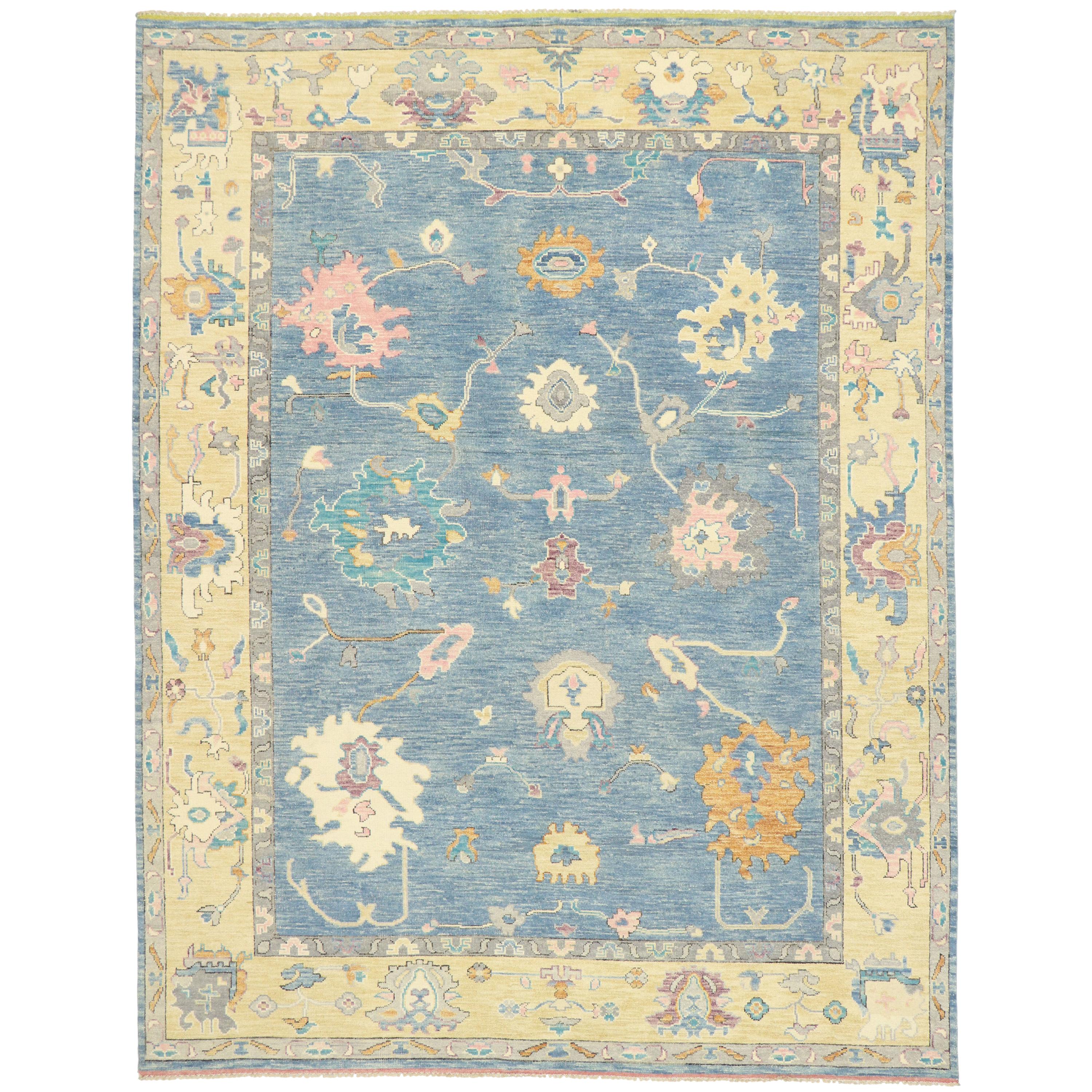 New Contemporary Colorful Blue Oushak Rug with Modern Pastel Style For Sale