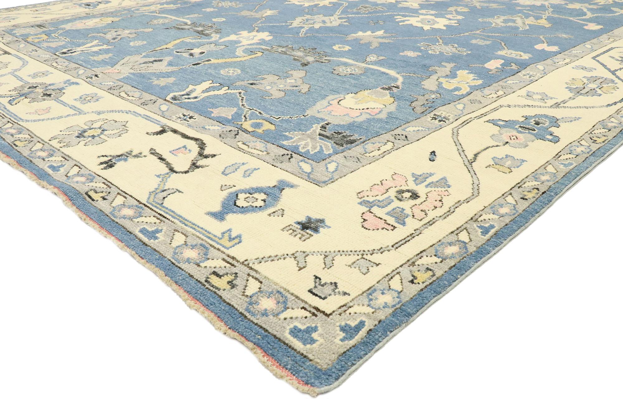 80596, new contemporary colorful blue Oushak rug with Modern Transitional style. Blending elements from the modern world with happy pastel colors, this hand knotted wool contemporary Oushak style blue area rug will boost the coziness factor in