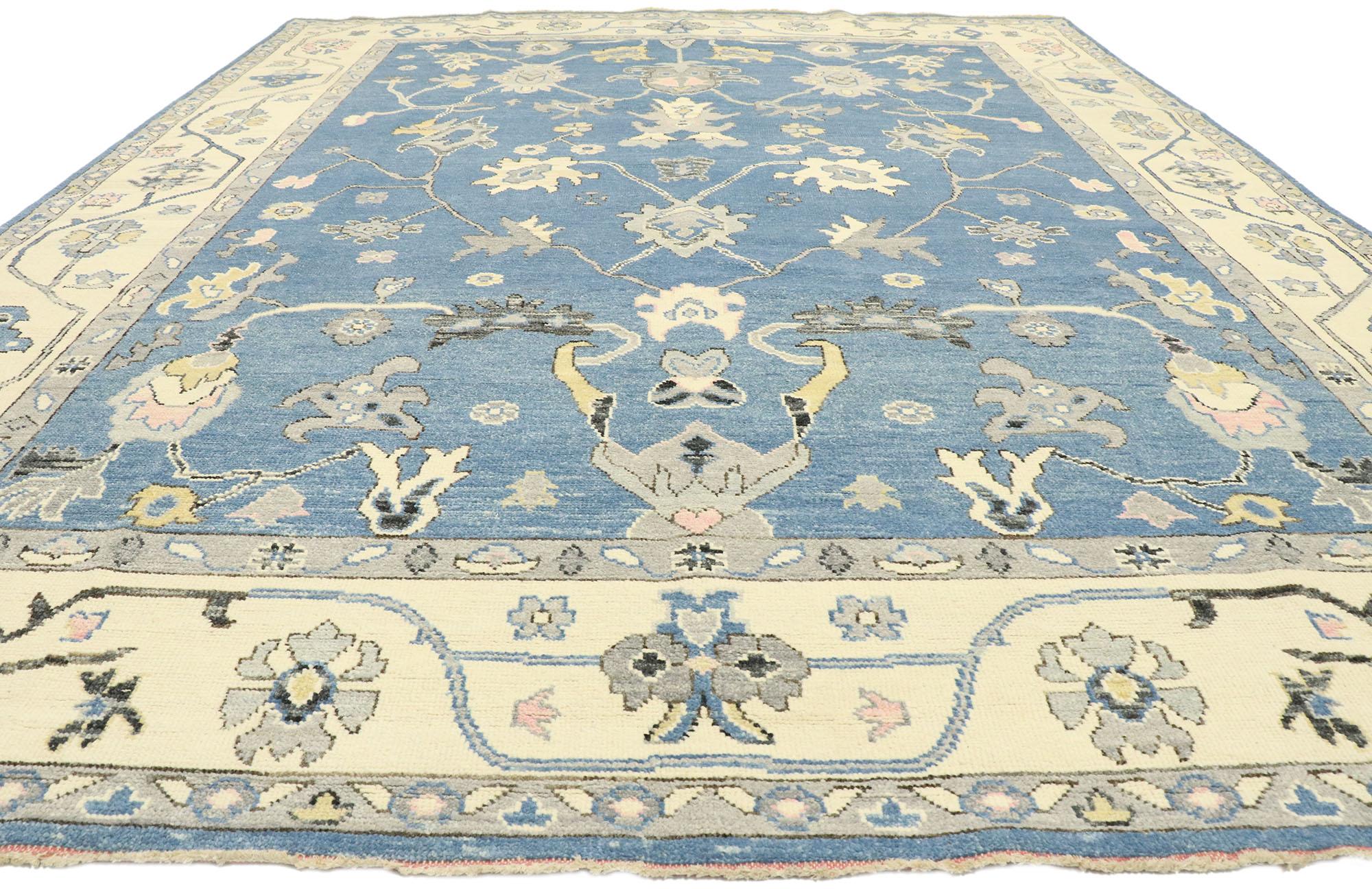 Asian New Contemporary Colorful Blue Oushak Rug with Modern Transitional Style For Sale