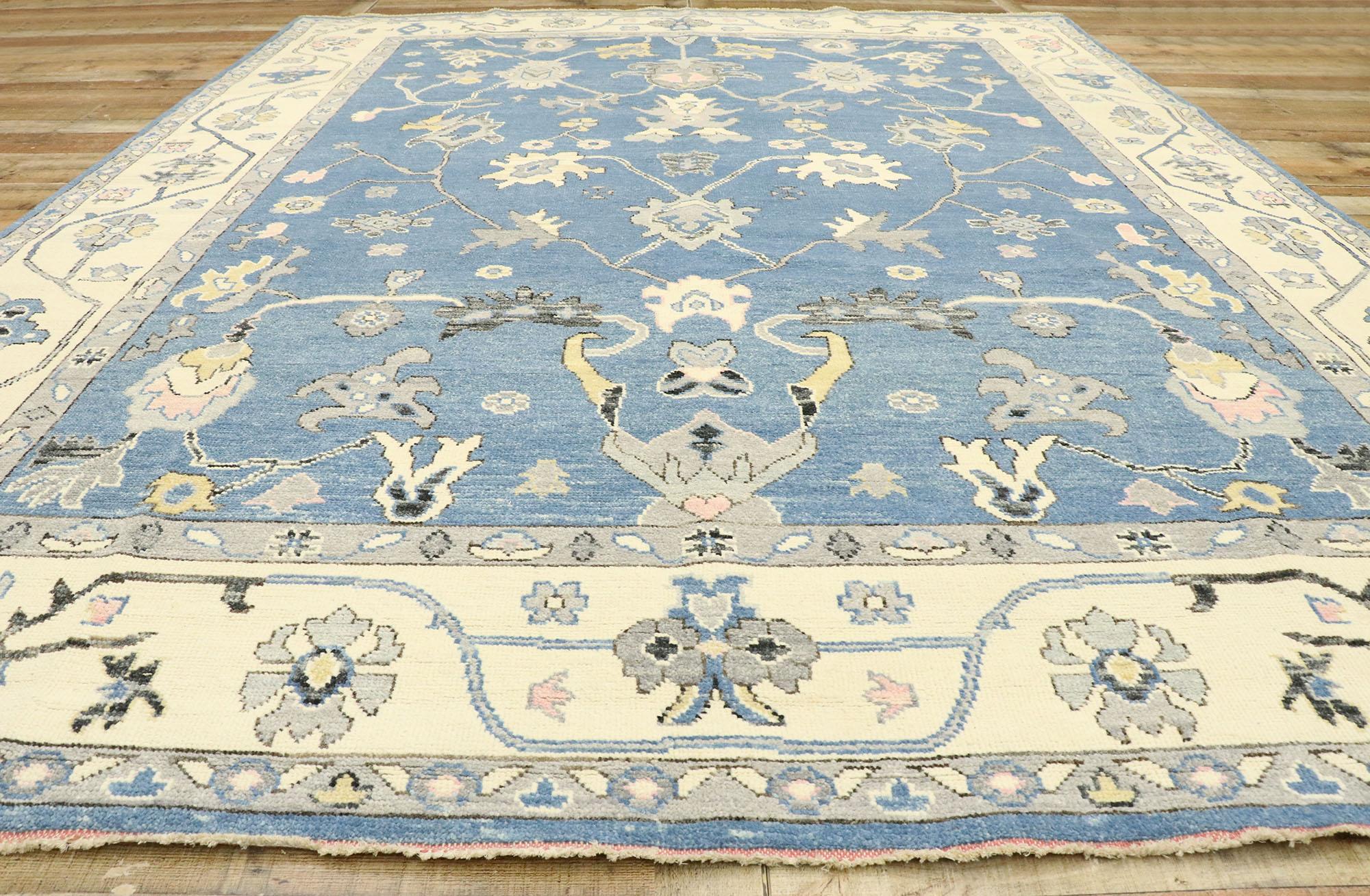 New Contemporary Colorful Blue Oushak Rug with Modern Transitional Style For Sale 1