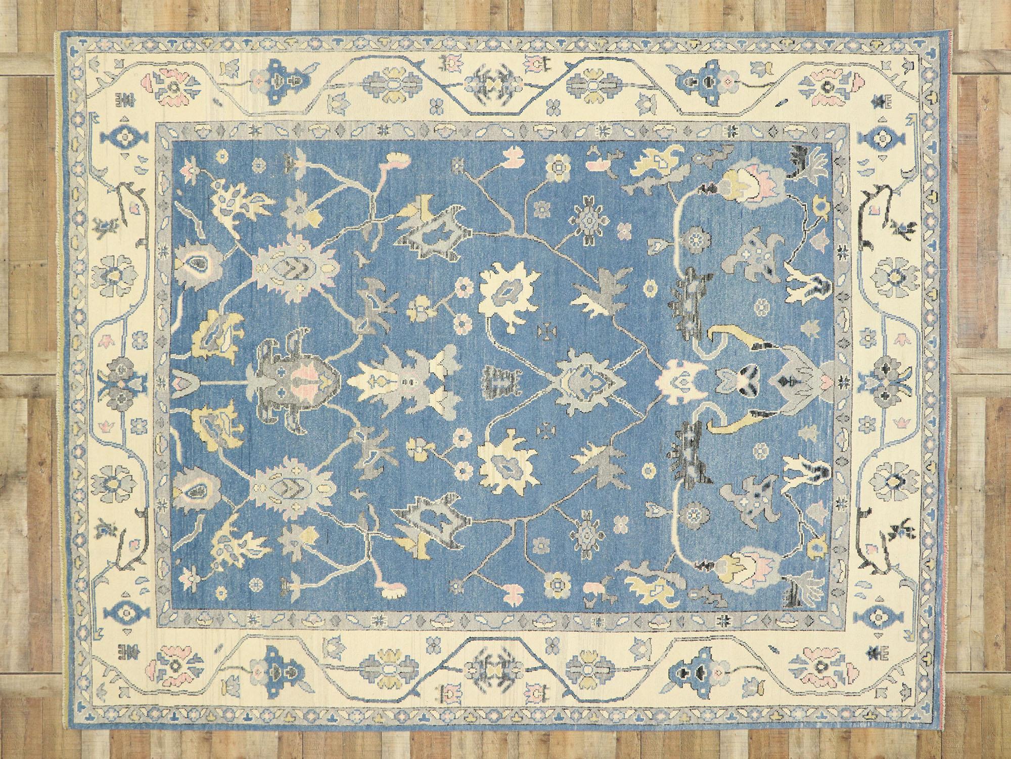 New Contemporary Colorful Blue Oushak Rug with Modern Transitional Style For Sale 2