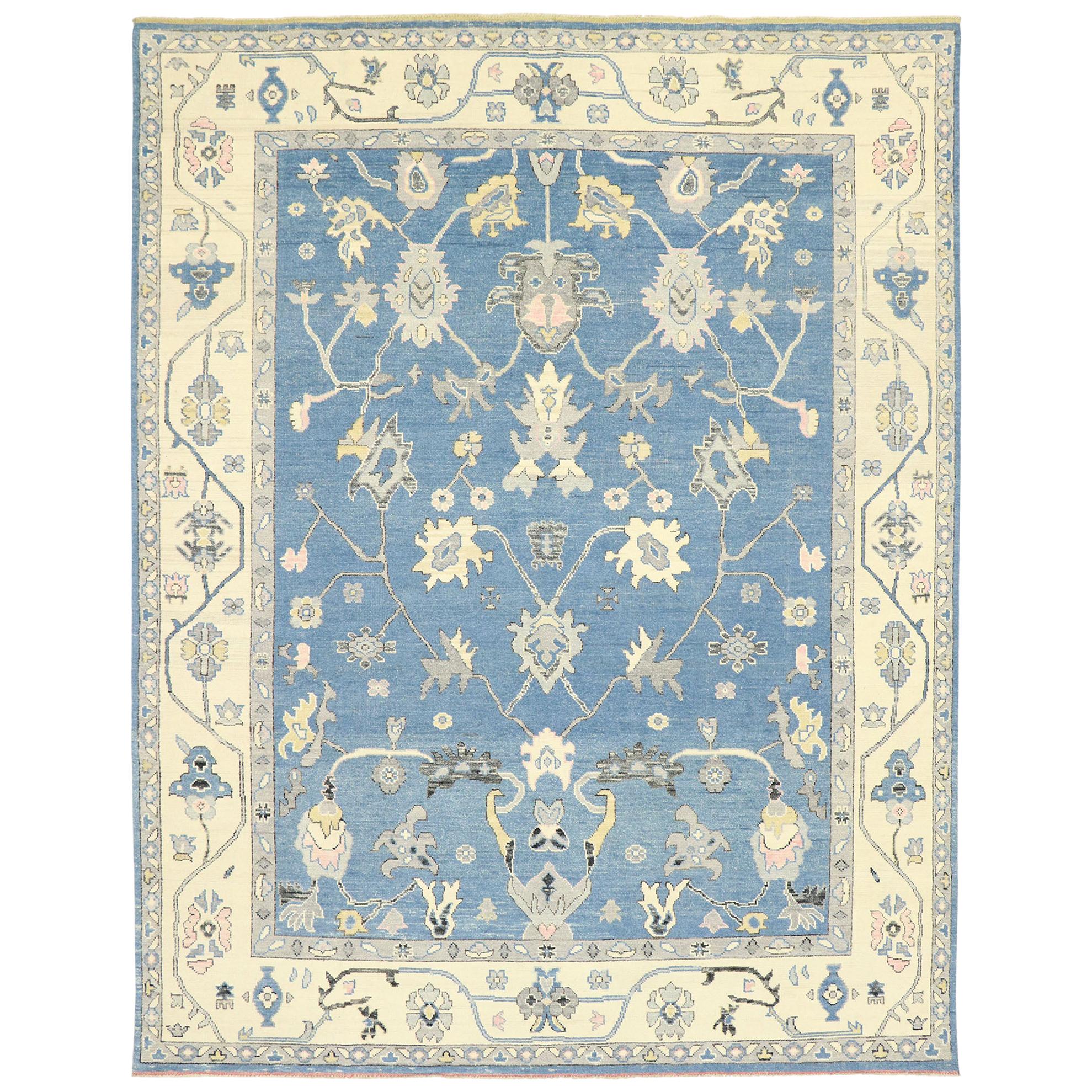 New Contemporary Colorful Blue Oushak Rug with Modern Transitional Style For Sale