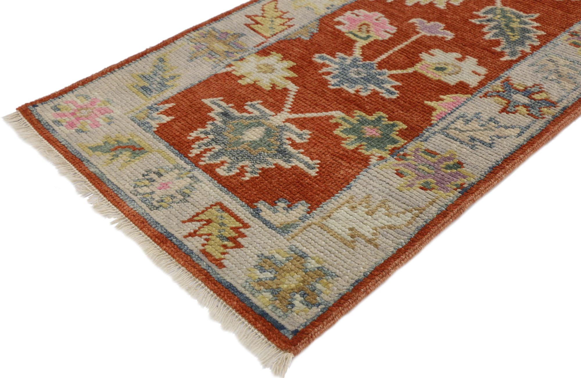 30493, new contemporary colorful Oushak accent rug for entryway, foyer, or kitchen. This hand knotted wool contemporary Oushak accent rug features an all-over colorful geometric pattern composed of blooming palmettes, stylized flowers, and organic