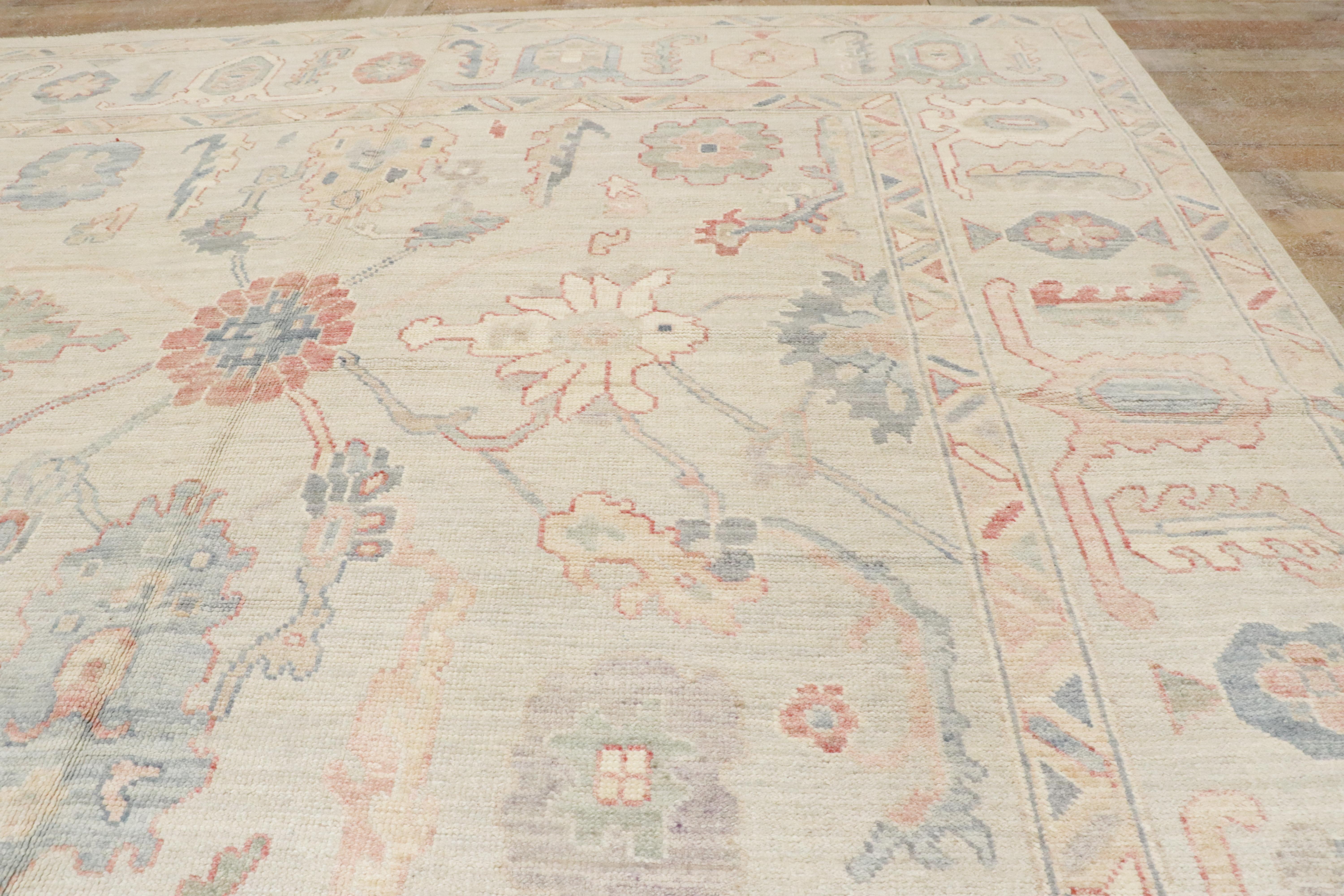 New Contemporary Colorful Oushak Carpet with Soft Pastels For Sale 4