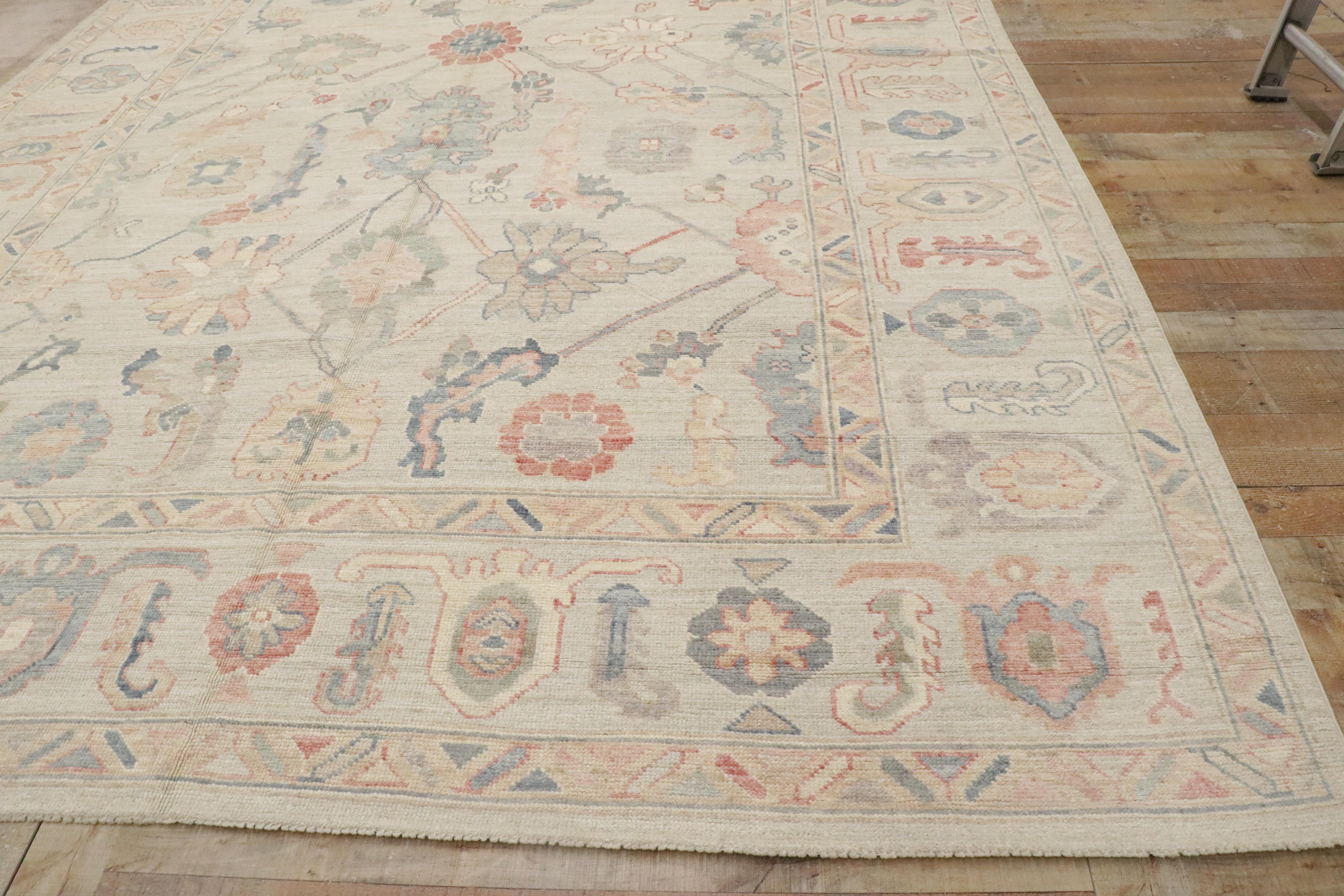 New Contemporary Colorful Oushak Carpet with Soft Pastels For Sale 5