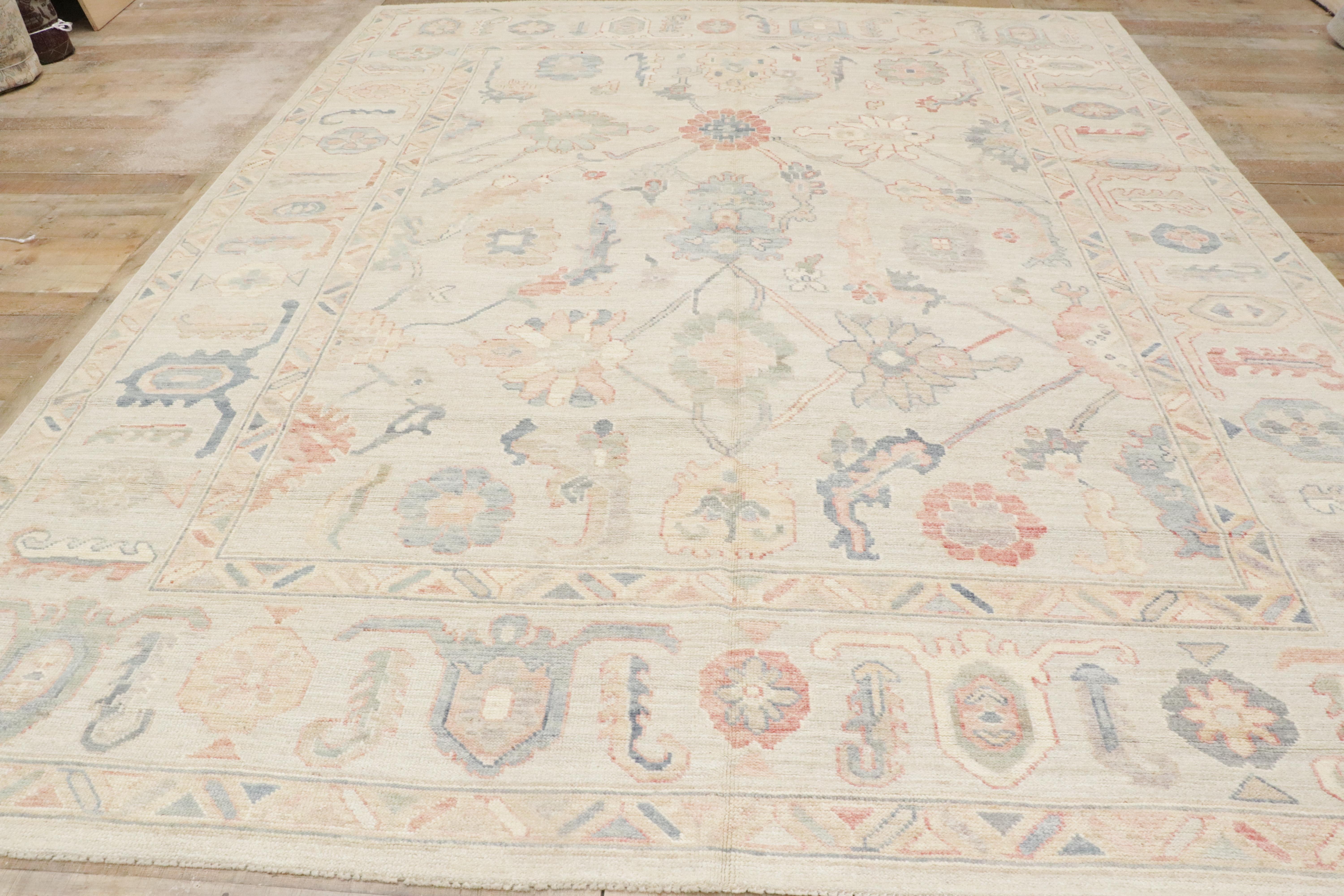 New Contemporary Colorful Oushak Carpet with Soft Pastels For Sale 6