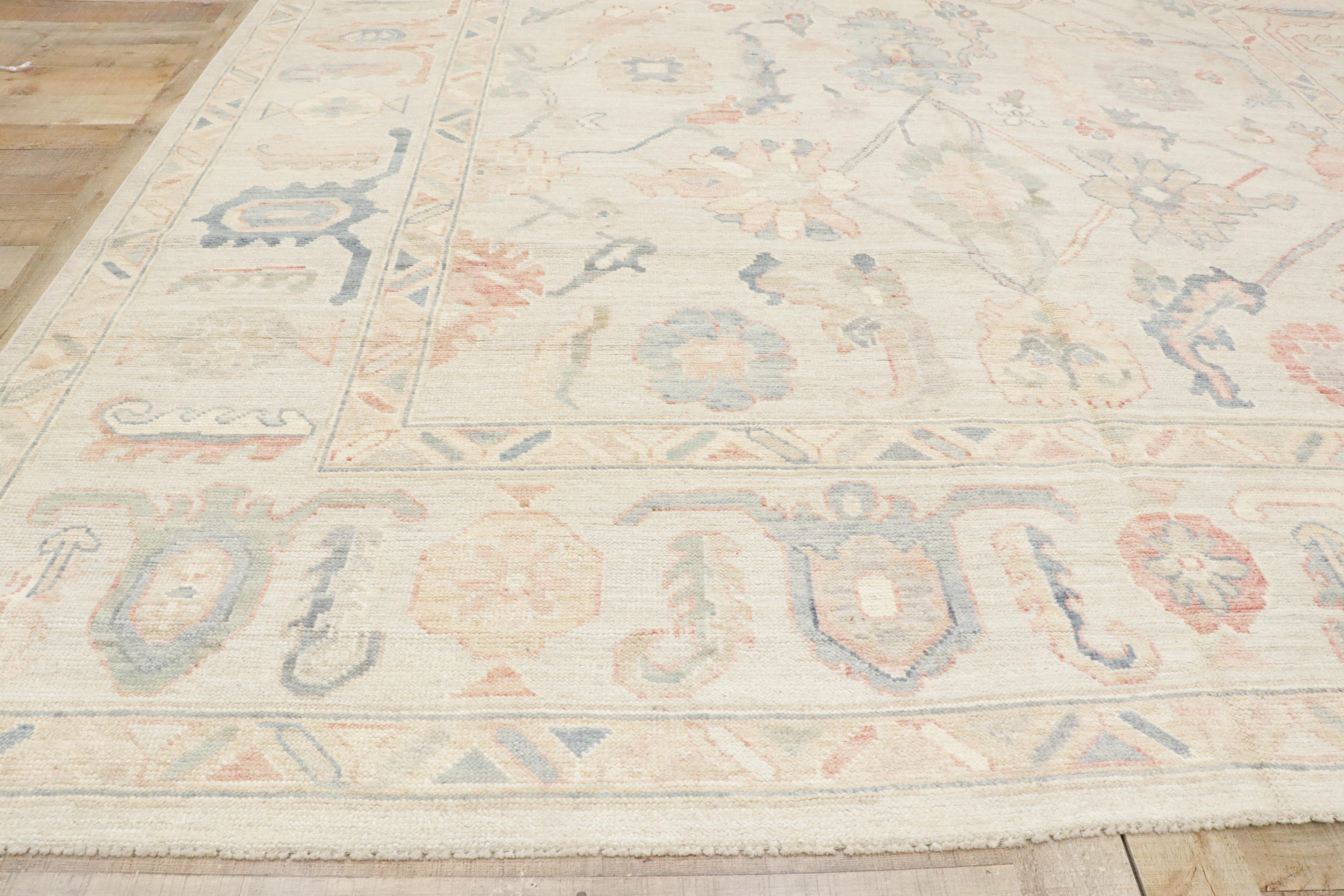 New Contemporary Colorful Oushak Carpet with Soft Pastels For Sale 8