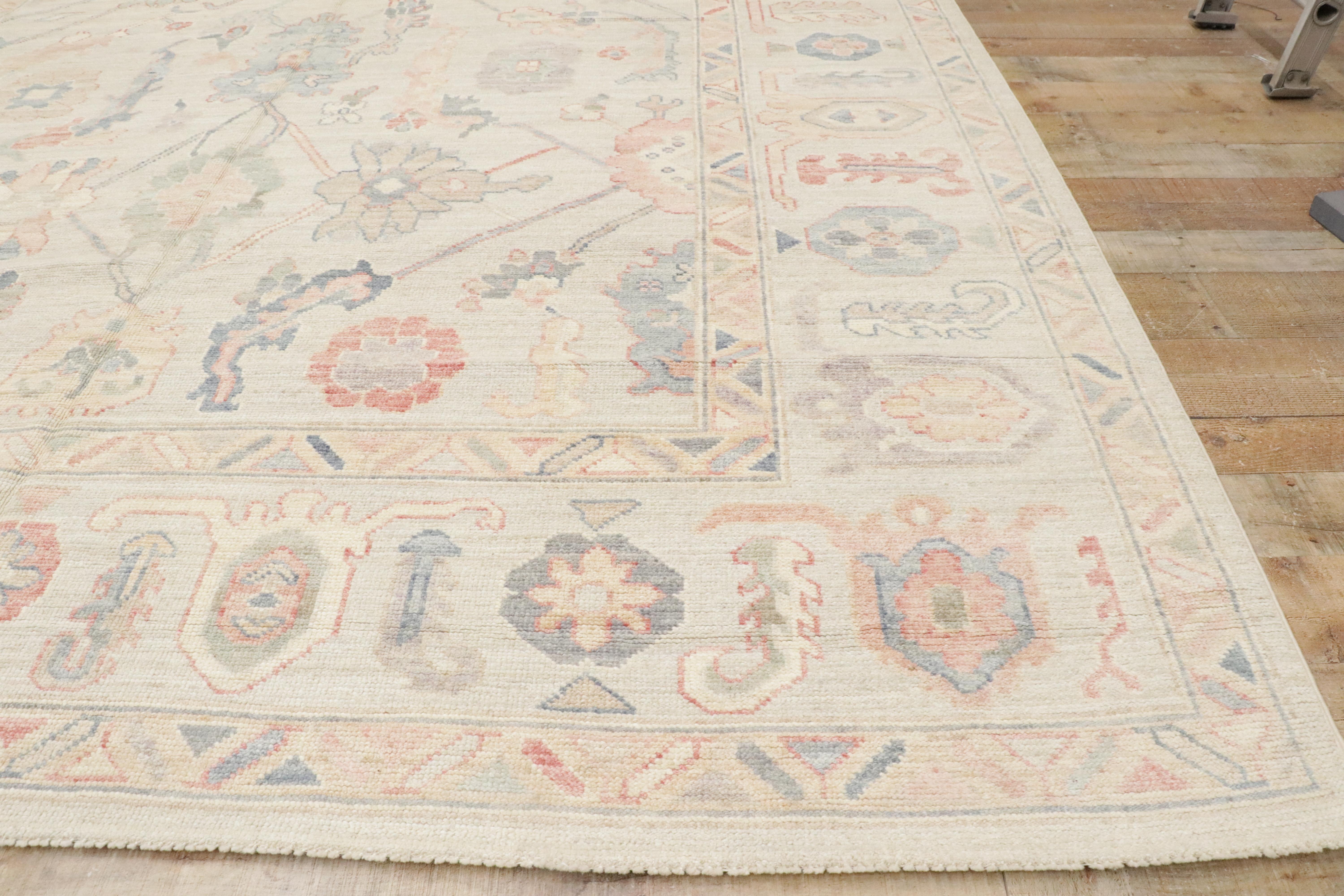 New Contemporary Colorful Oushak Carpet with Soft Pastels For Sale 9