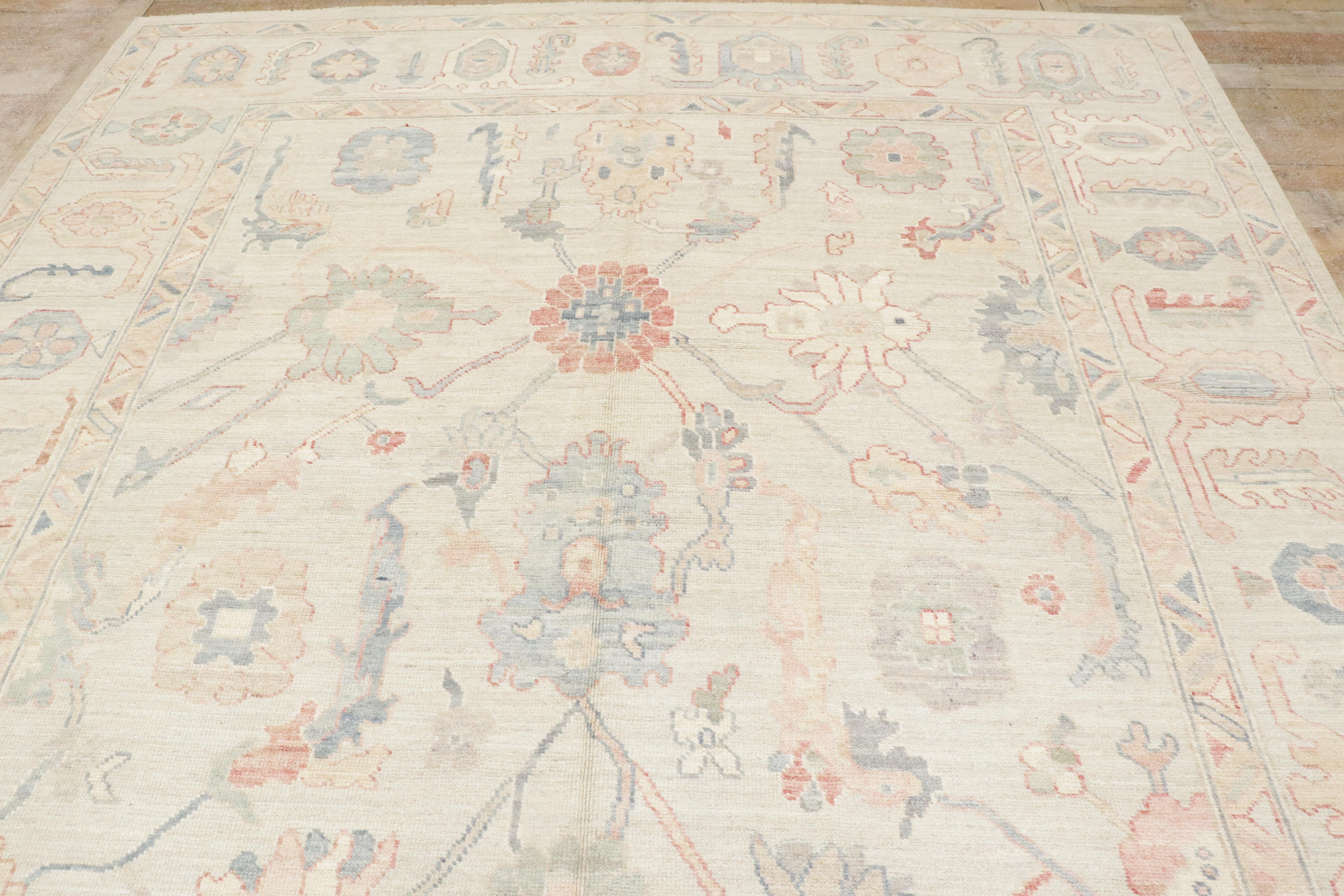 New Contemporary Colorful Oushak Carpet with Soft Pastels For Sale 10