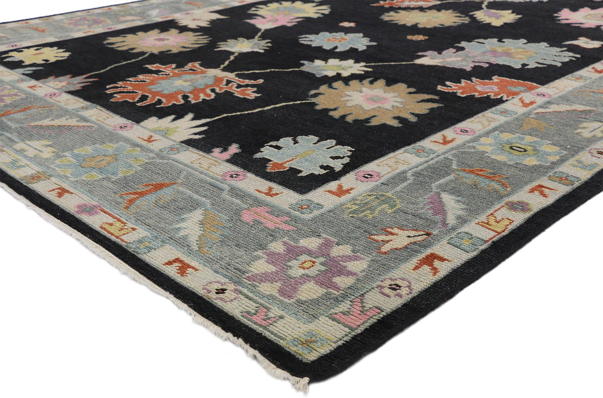 30505 New Colorful Black Oushak Rug, 09'00 x 12'03. In this hand-knotted wool colorful Oushak rug, contemporary elegance intertwines with stylish Anatolian charm to create a captivating masterpiece. Against a midnight black backdrop, an allover