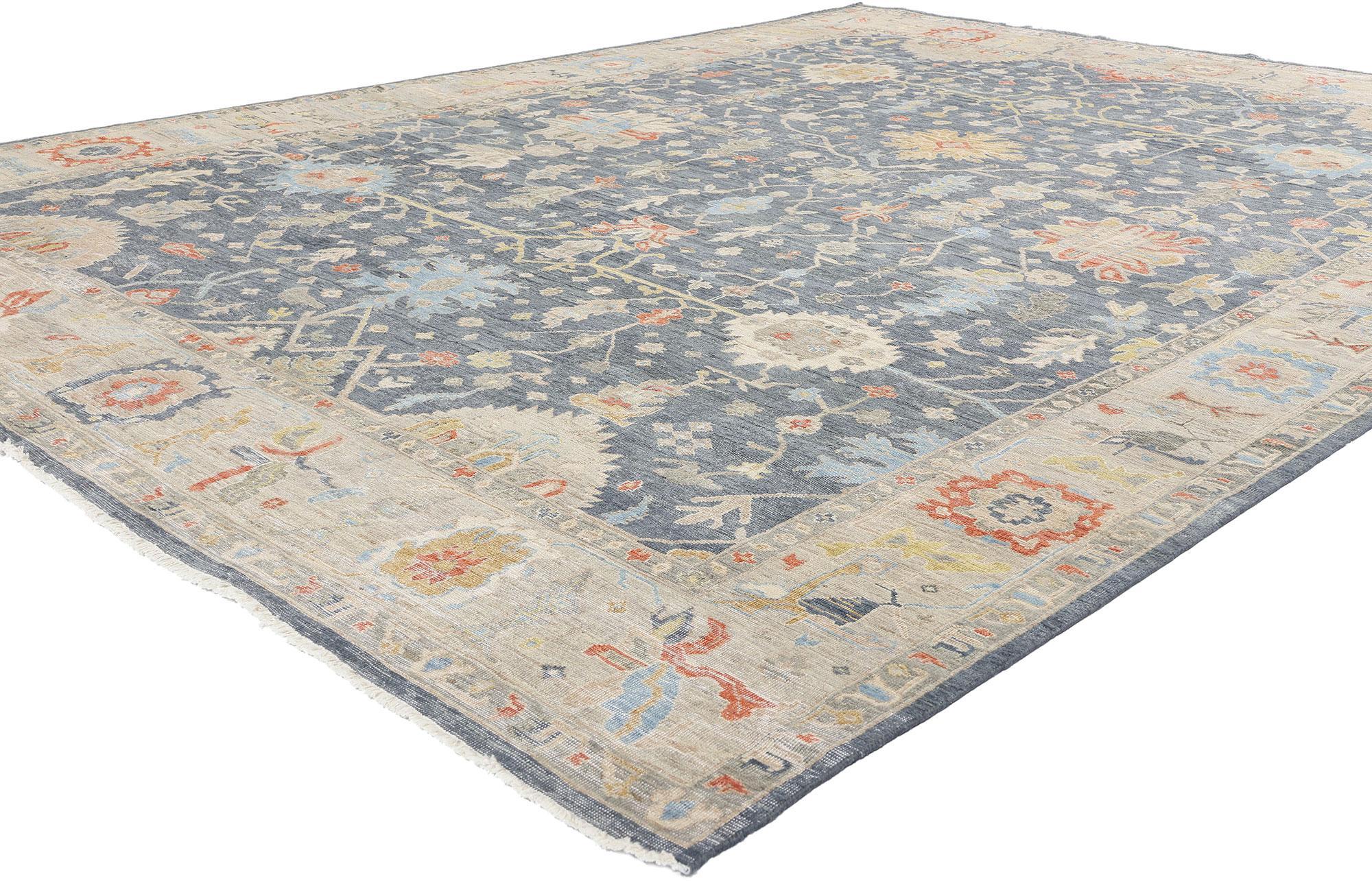 31063 Alfombra Oushak Azul Pizarra Moderna de Inspiración Vintage, 08'11 x 11'10. Adéntrate en el mundo de la elegancia atemporal con esta impresionante alfombra Oushak moderna anudada a mano en lana de inspiración vintage. Fabricada meticulosamente