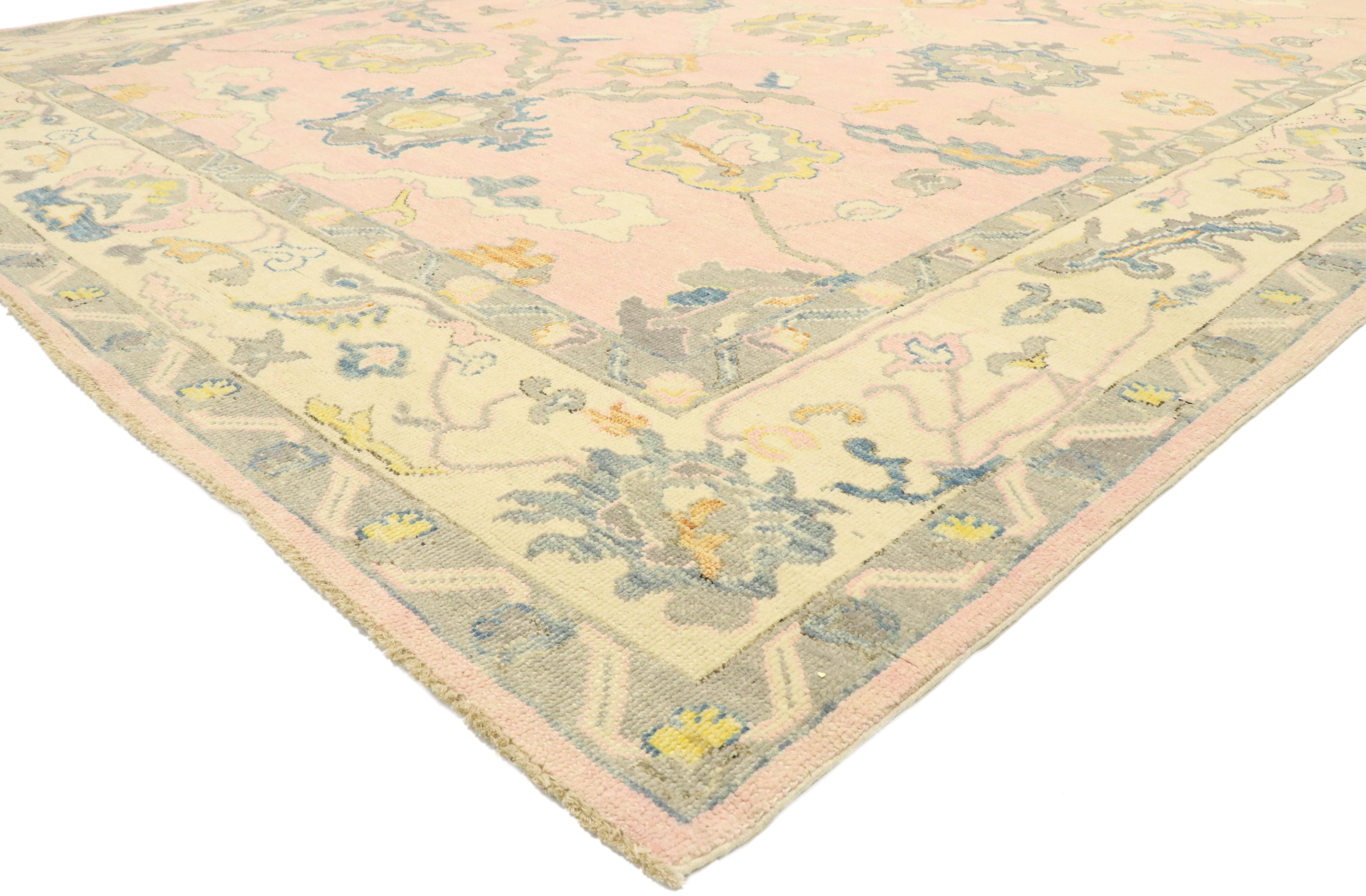 80597, new contemporary colorful pink Oushak rug with Modern Pastel style. Blending elements from the modern world with pastel colors, this hand knotted wool contemporary Oushak style area rug will boost the coziness factor in nearly any space. The