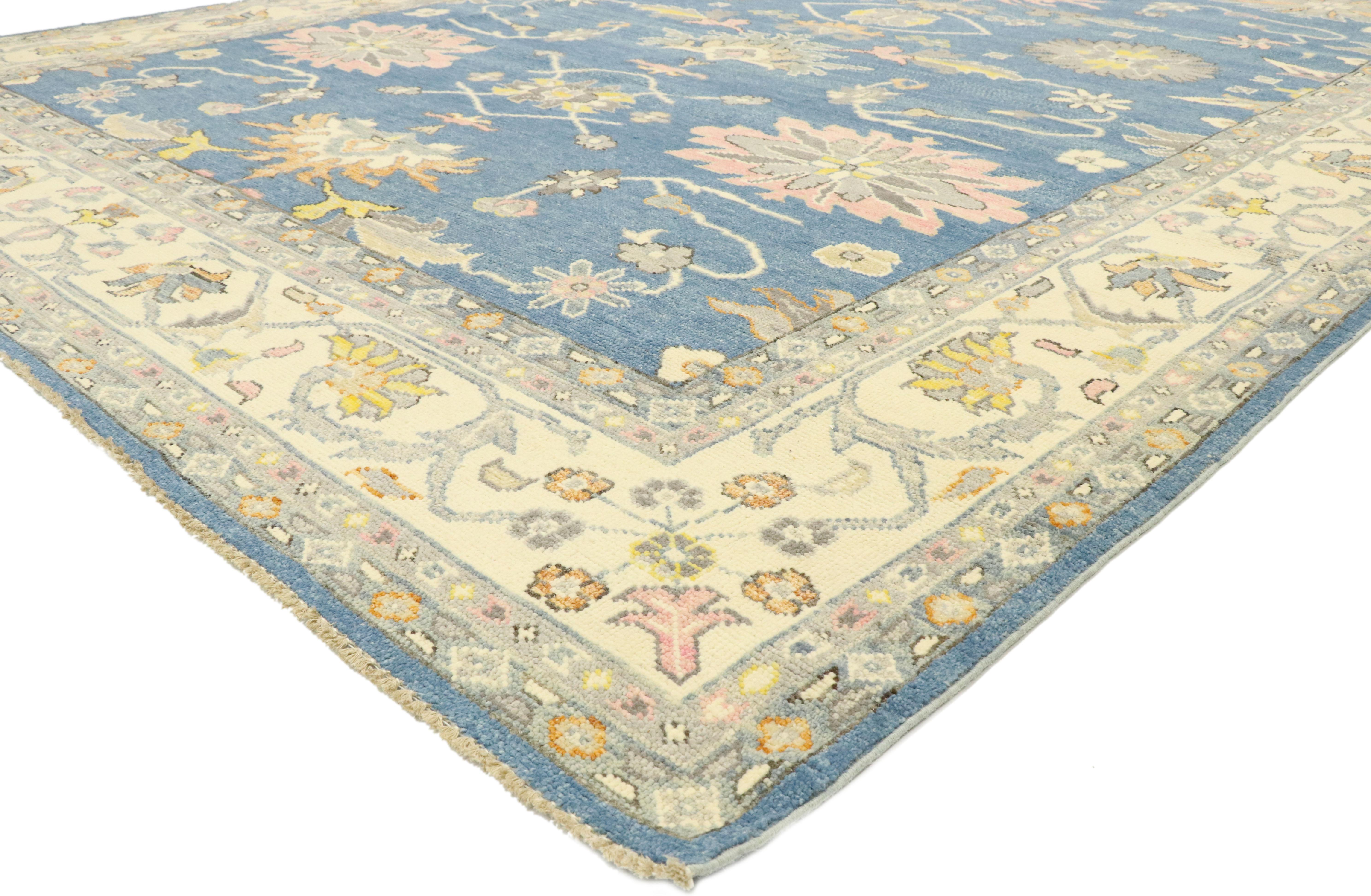 80599, new contemporary colorful blue Oushak rug with modern pastel style. Blending elements from the modern world with pastel colors, this hand knotted wool contemporary Oushak style area rug will boost the coziness factor in nearly any space. The