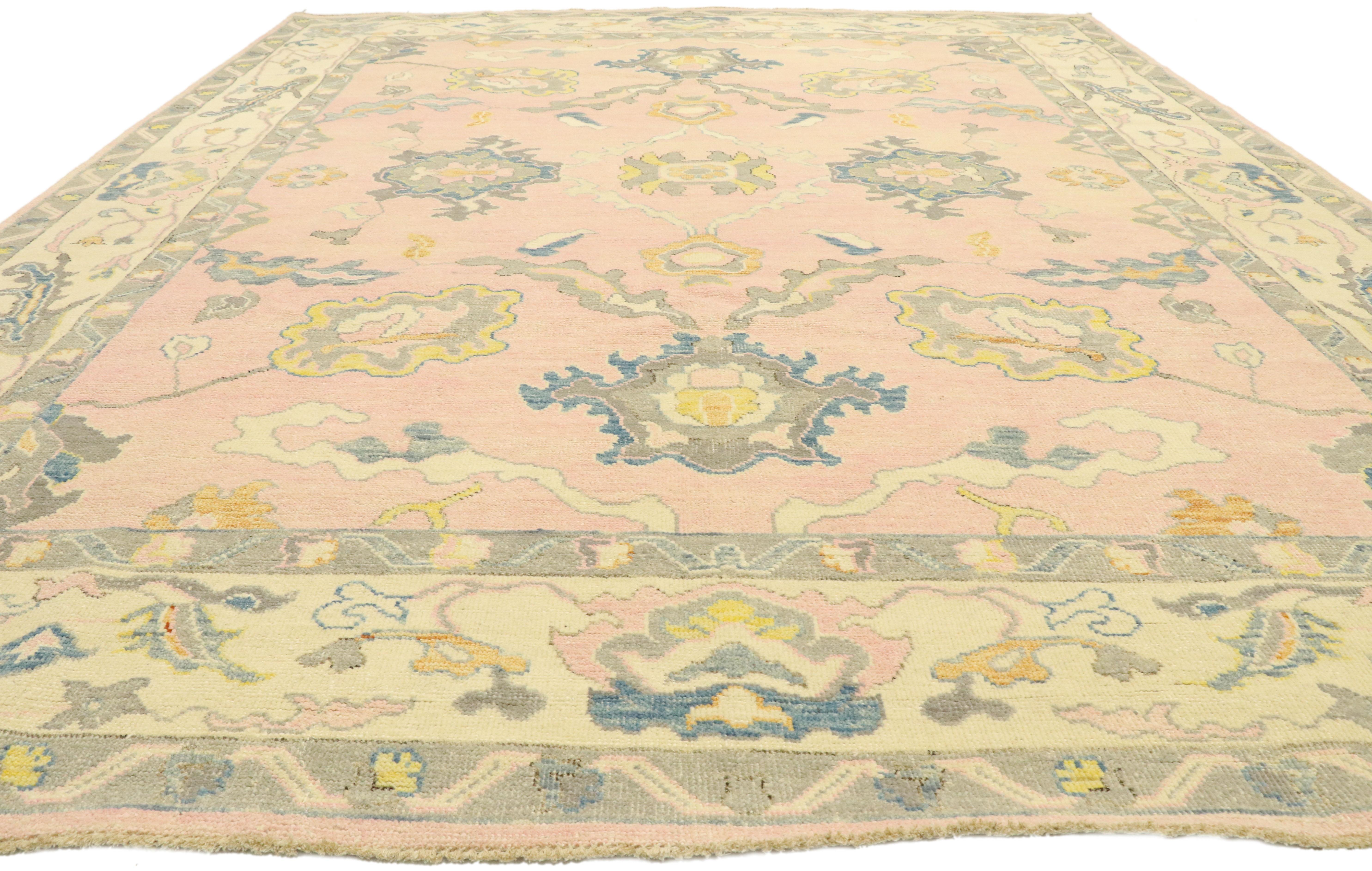Pakistani New Contemporary Colorful Pink Oushak Rug with Modern Pastel Style For Sale