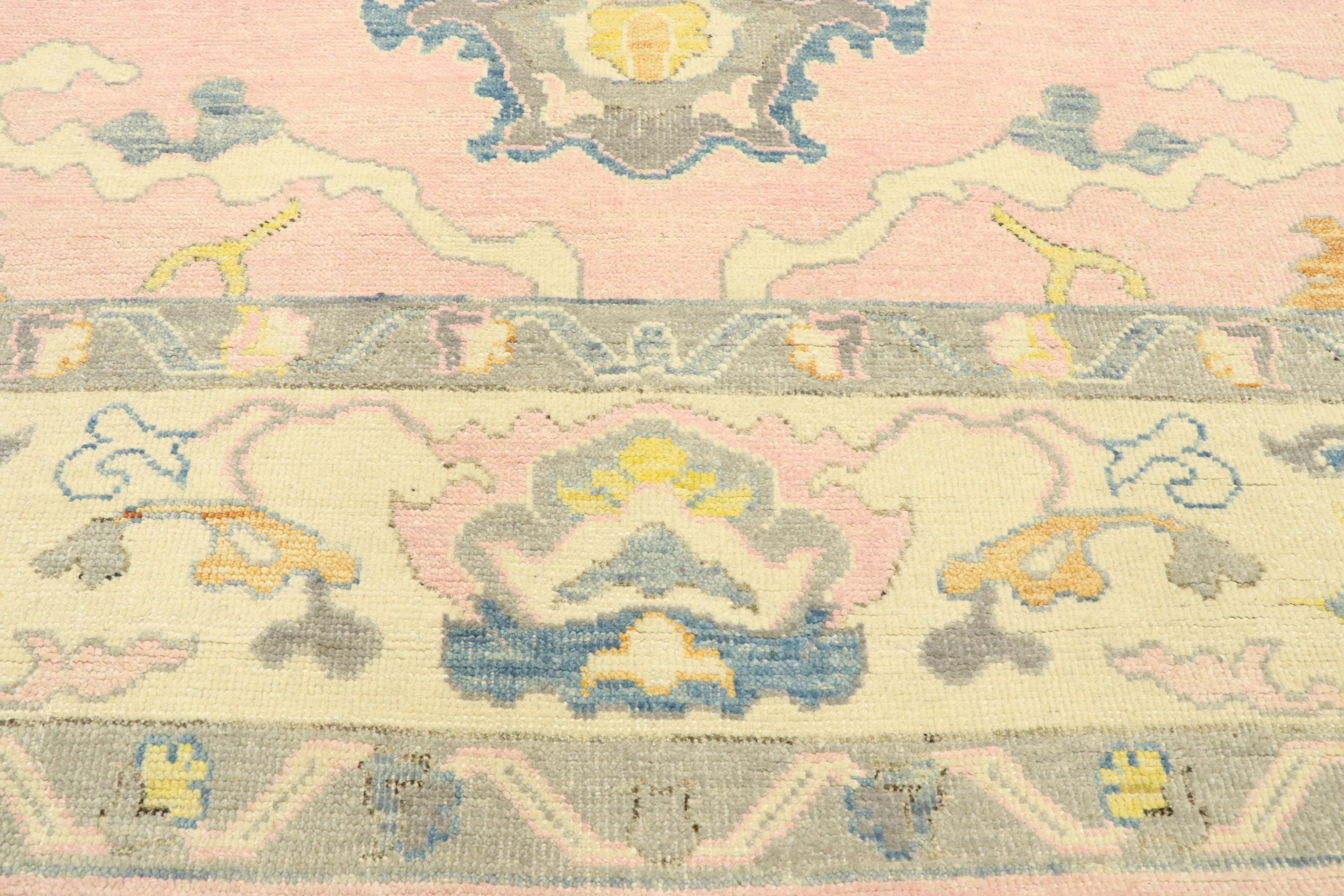 Hand-Knotted New Contemporary Colorful Pink Oushak Rug with Modern Pastel Style For Sale